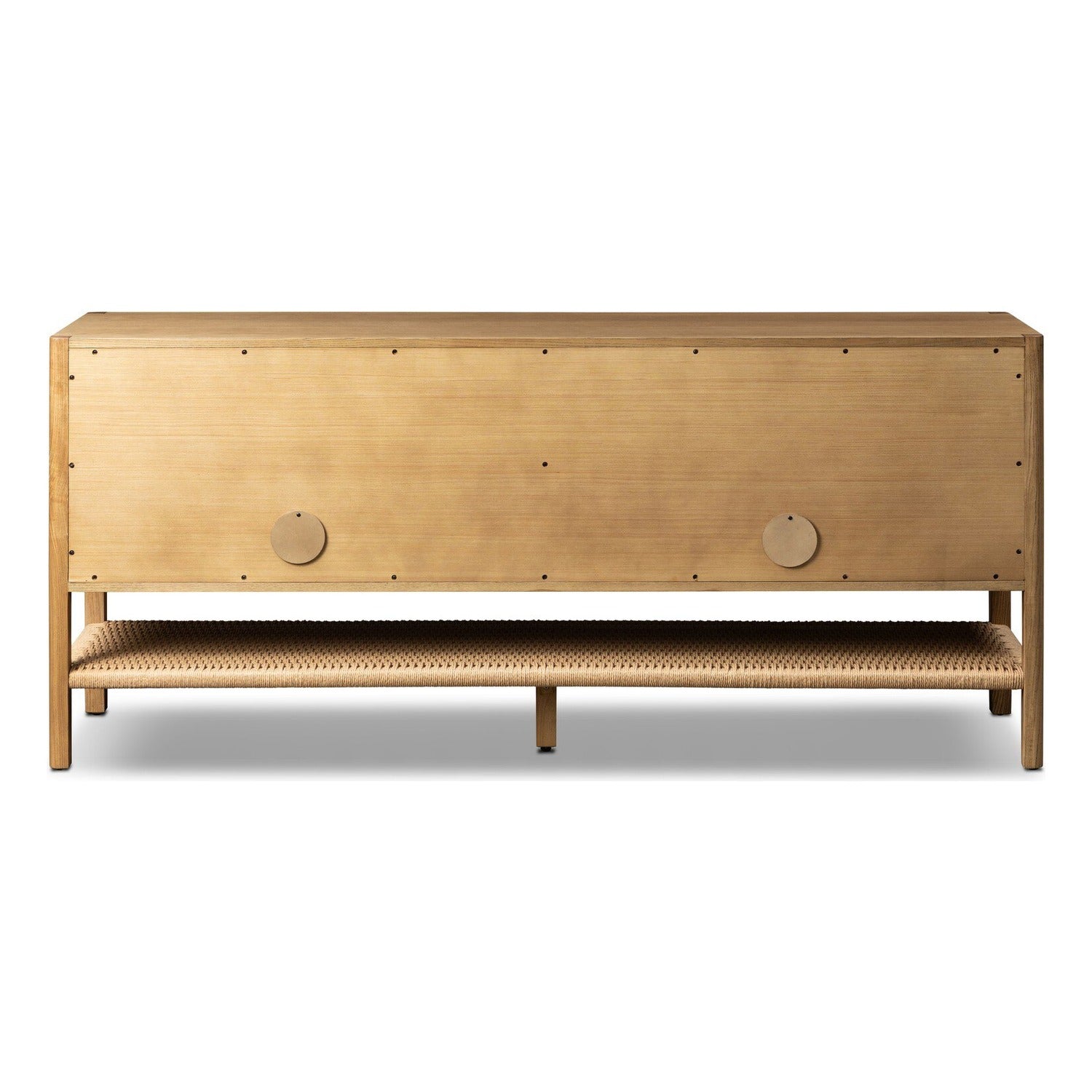 Four Hands Zuma Dune Ash Sideboard 72in with paper cord stretcher shelf, back view