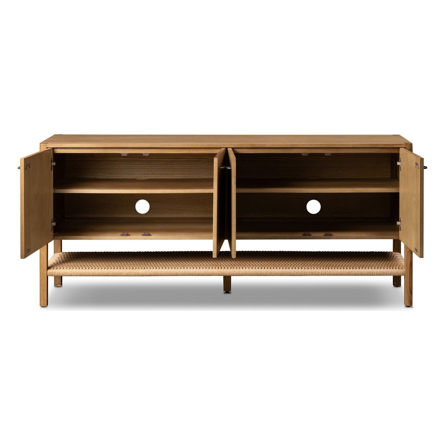 Four Hands Zuma Dune Ash Sideboard 72in with paper cord stretcher shelf, doors open interior view