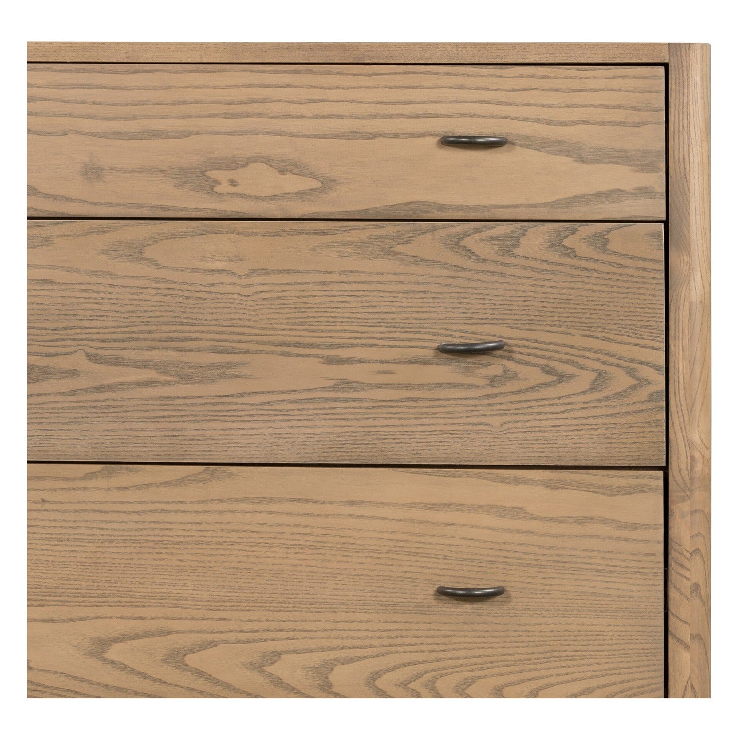 Four Hands Zuma Dune Ash 6 Drawer Dresser with paper cord stretcher shelf, close-up detail of ash veneer, view 1