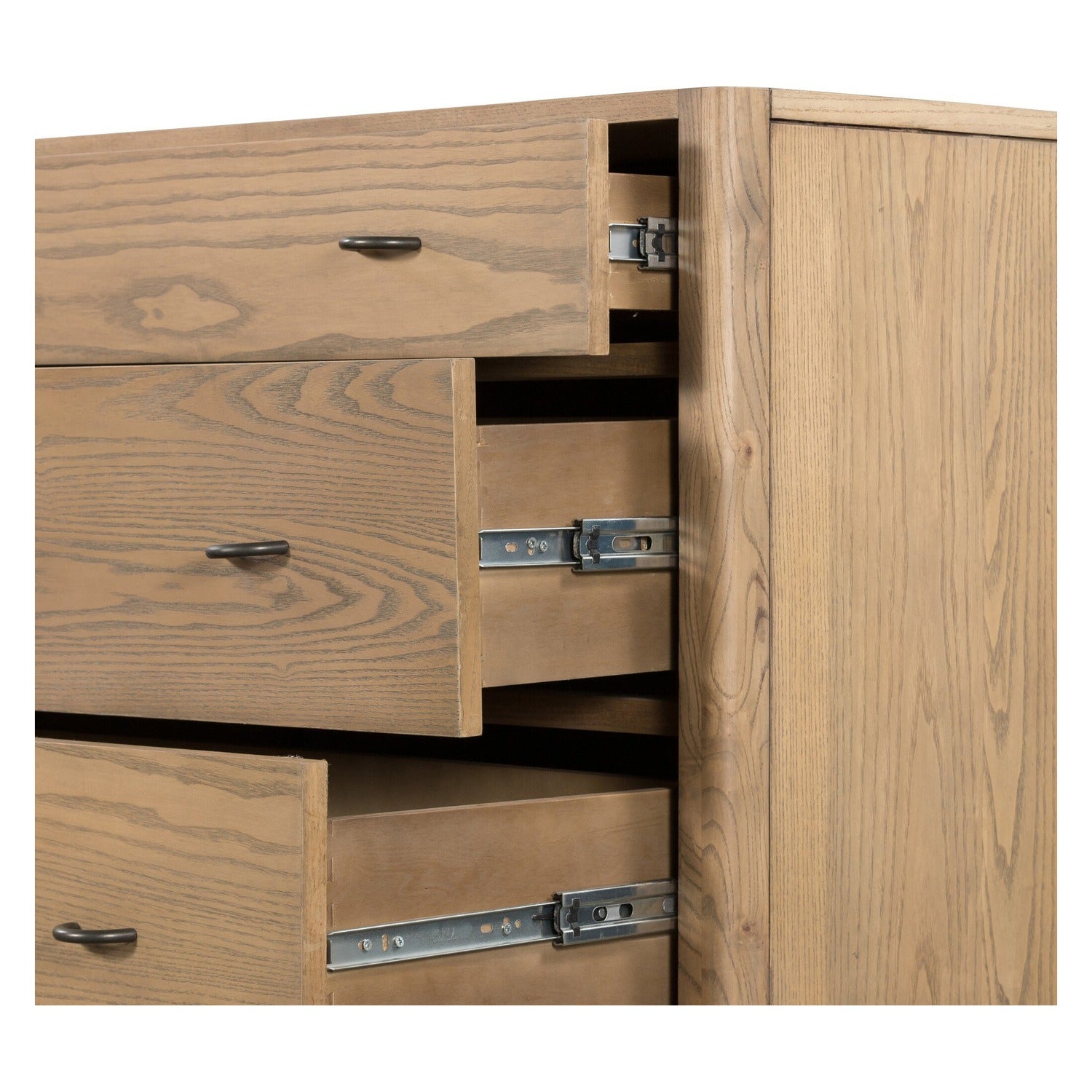 Four Hands Zuma Dune Ash 6 Drawer Dresser with paper cord stretcher shelf, close-up detail of paper cord shelf