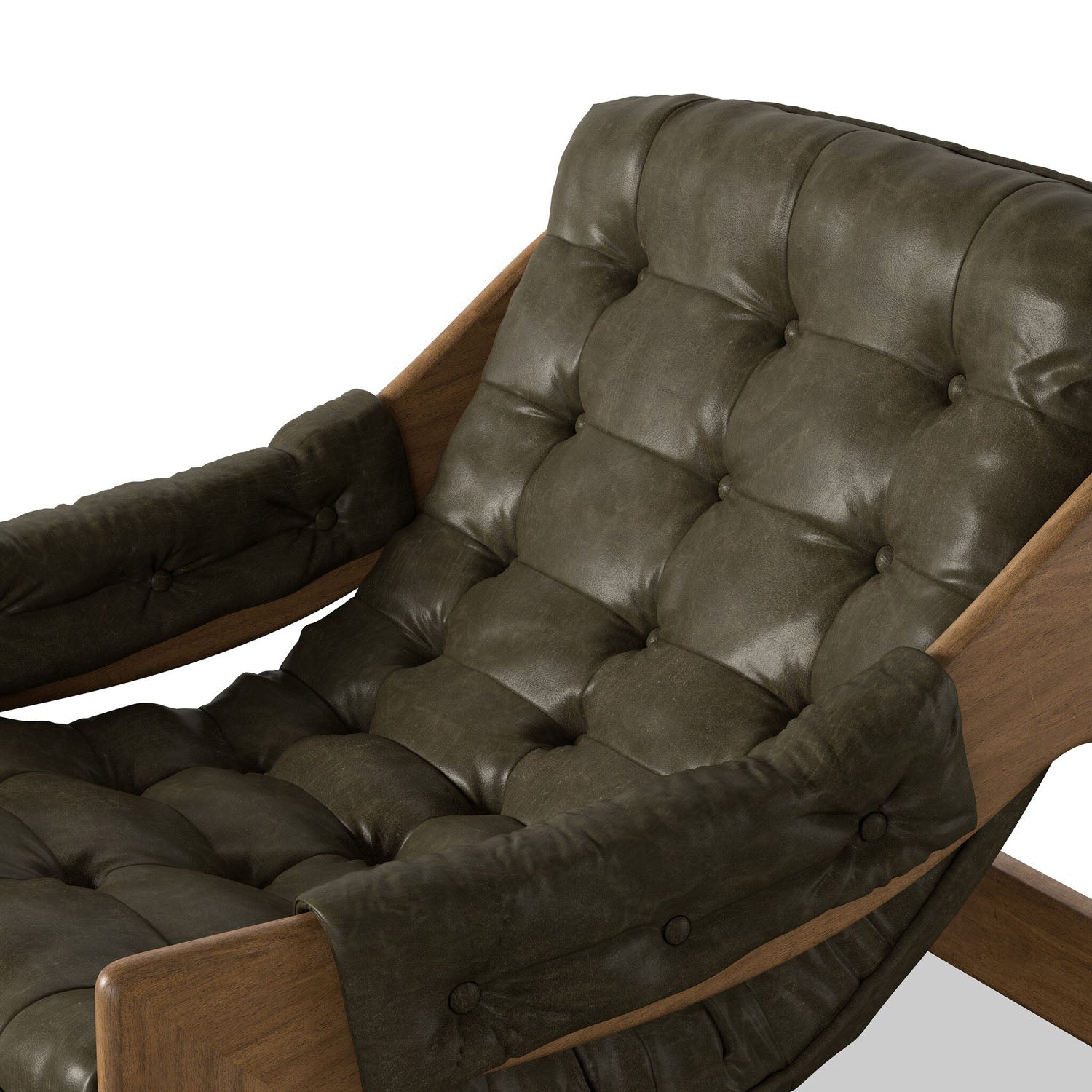 Four Hands Halston Dulane Moss Chair in tufted leather sling on weathered sepia frame, close-up detail of tufting, view 1