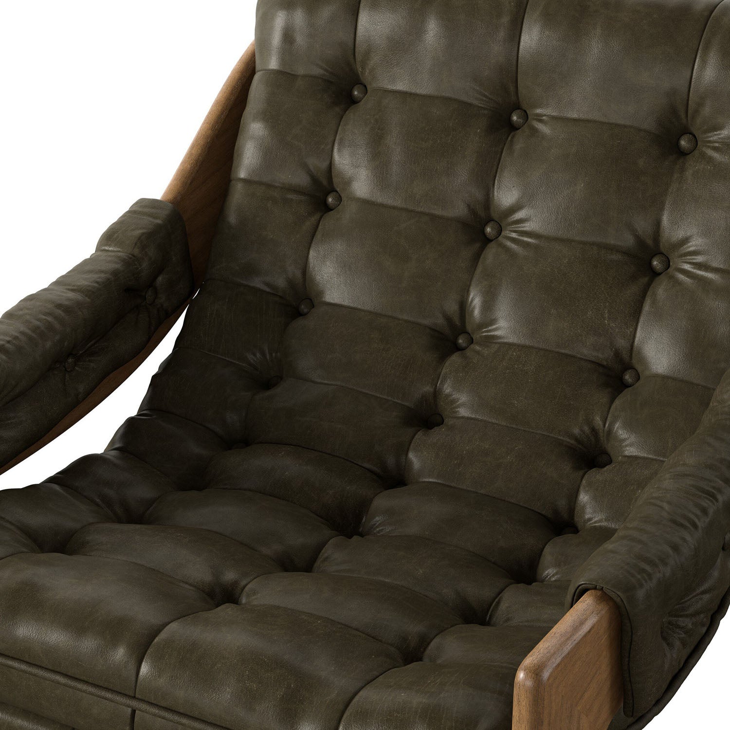 Four Hands Halston Dulane Moss Chair in tufted leather sling on weathered sepia frame, close-up detail of tufting, view 3