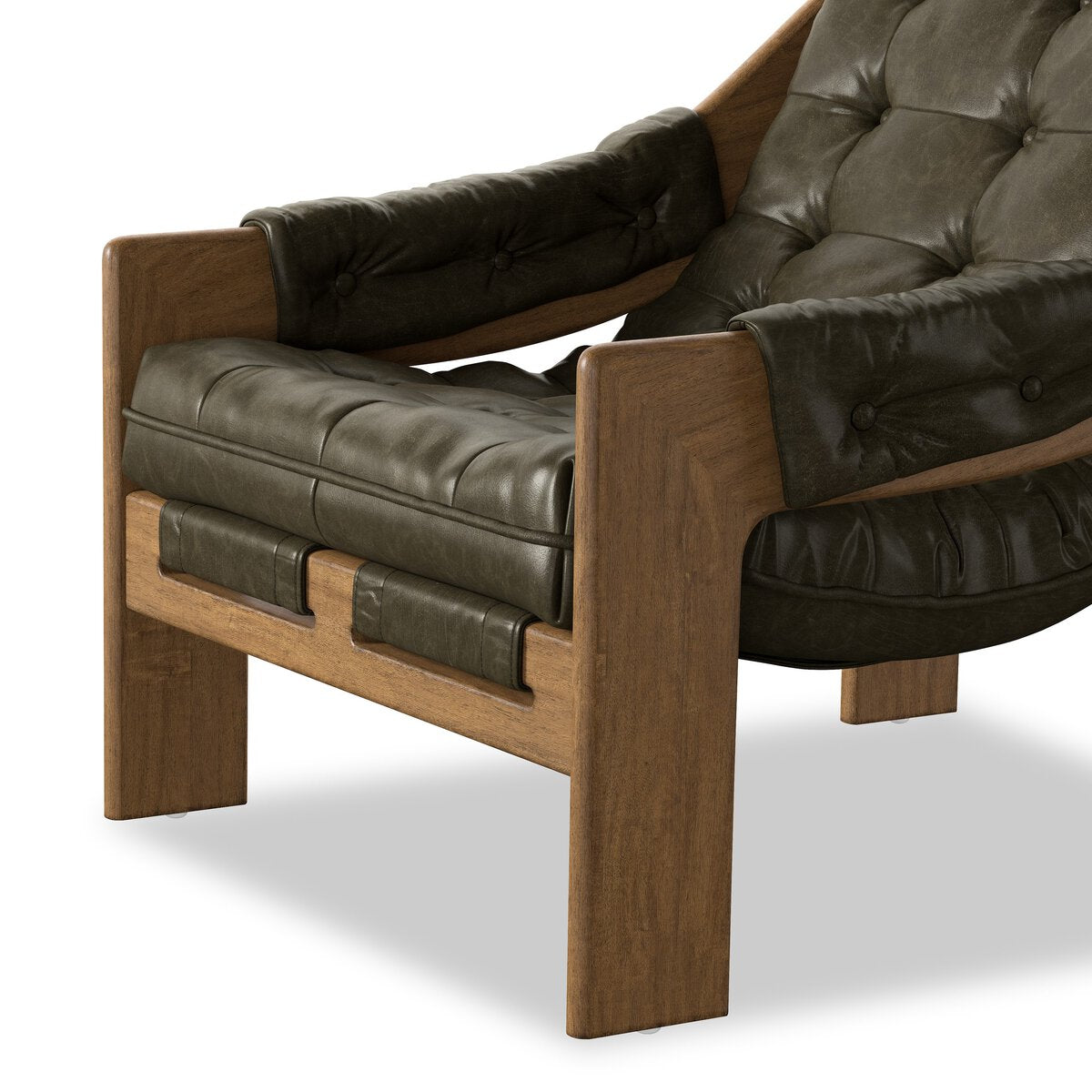 Four Hands Halston Dulane Moss Chair in tufted leather sling on weathered sepia frame, close-up detail of tufting, view 2