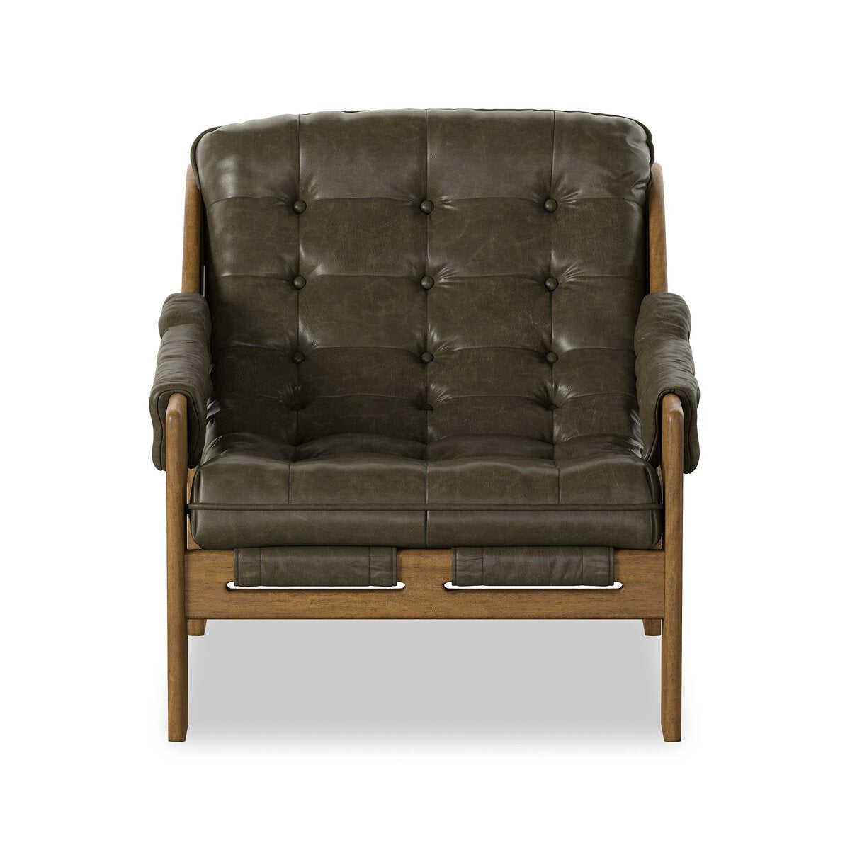 Four Hands Halston Dulane Moss Chair in tufted leather sling on weathered sepia frame, front view