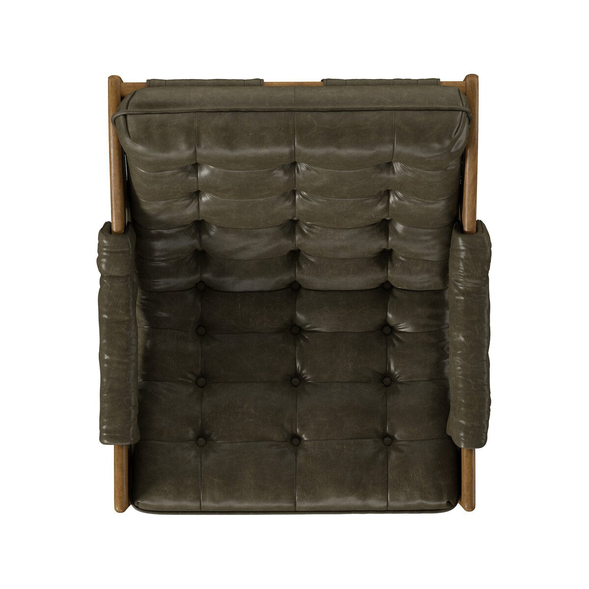 Four Hands Halston Dulane Moss Chair in tufted leather sling on weathered sepia frame, top-down seat view