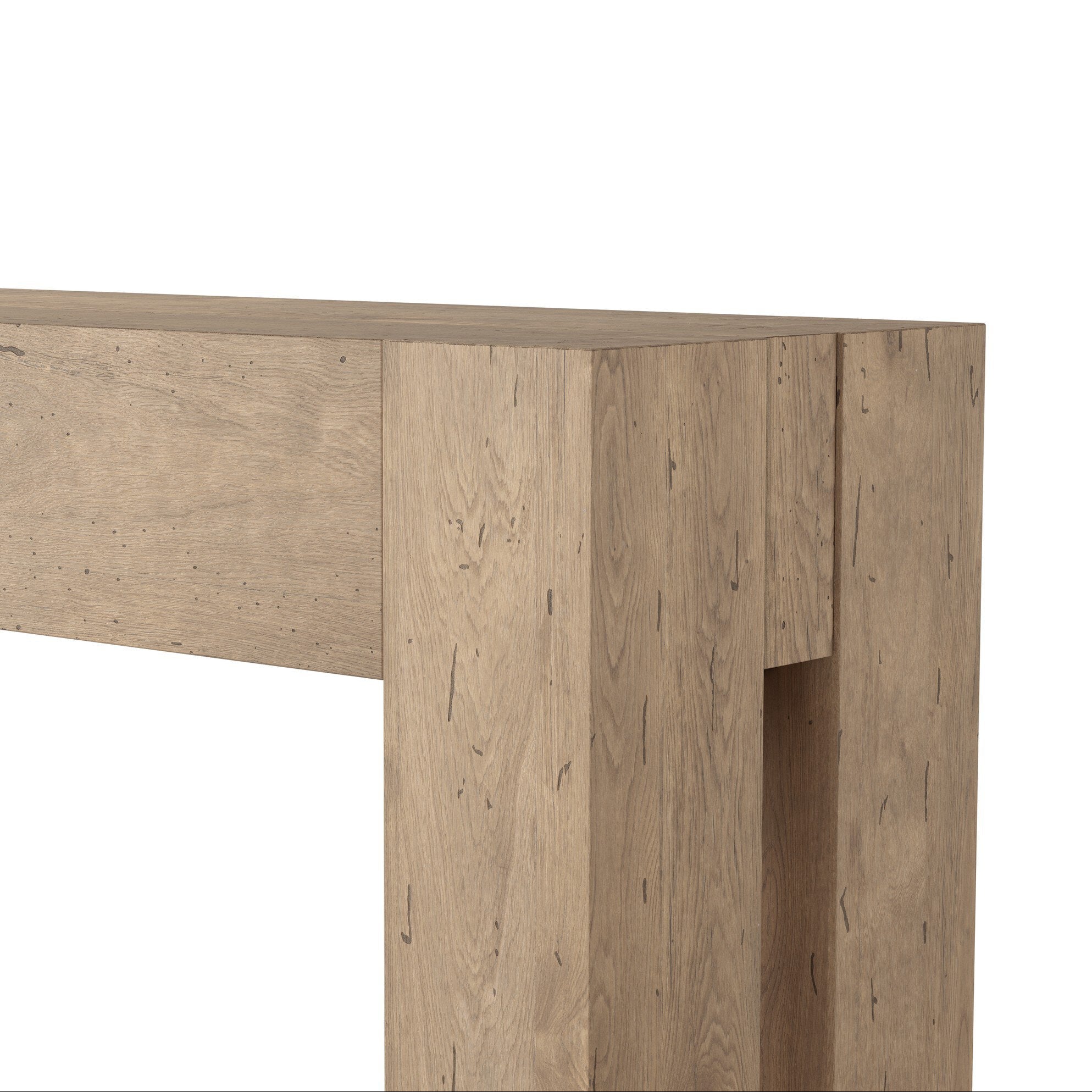 Four Hands Abaso Whitewash Rustic Wormwood Oak Console Table close-up detail