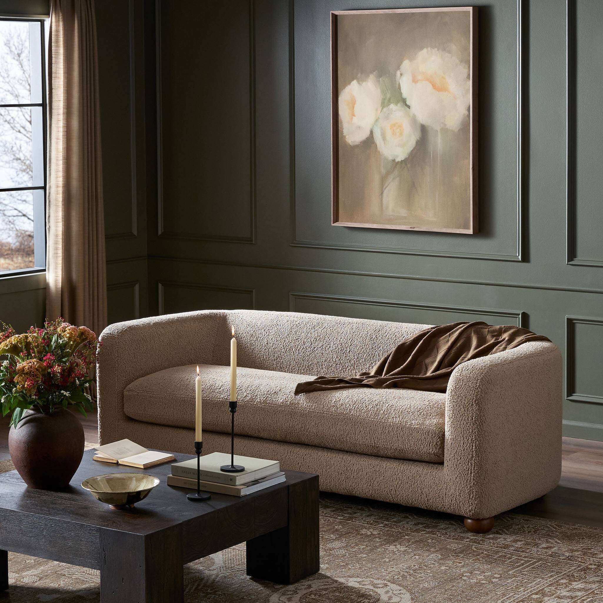 Four Hands Gidget Sheepskin Camel Sofa — in a styled room setting