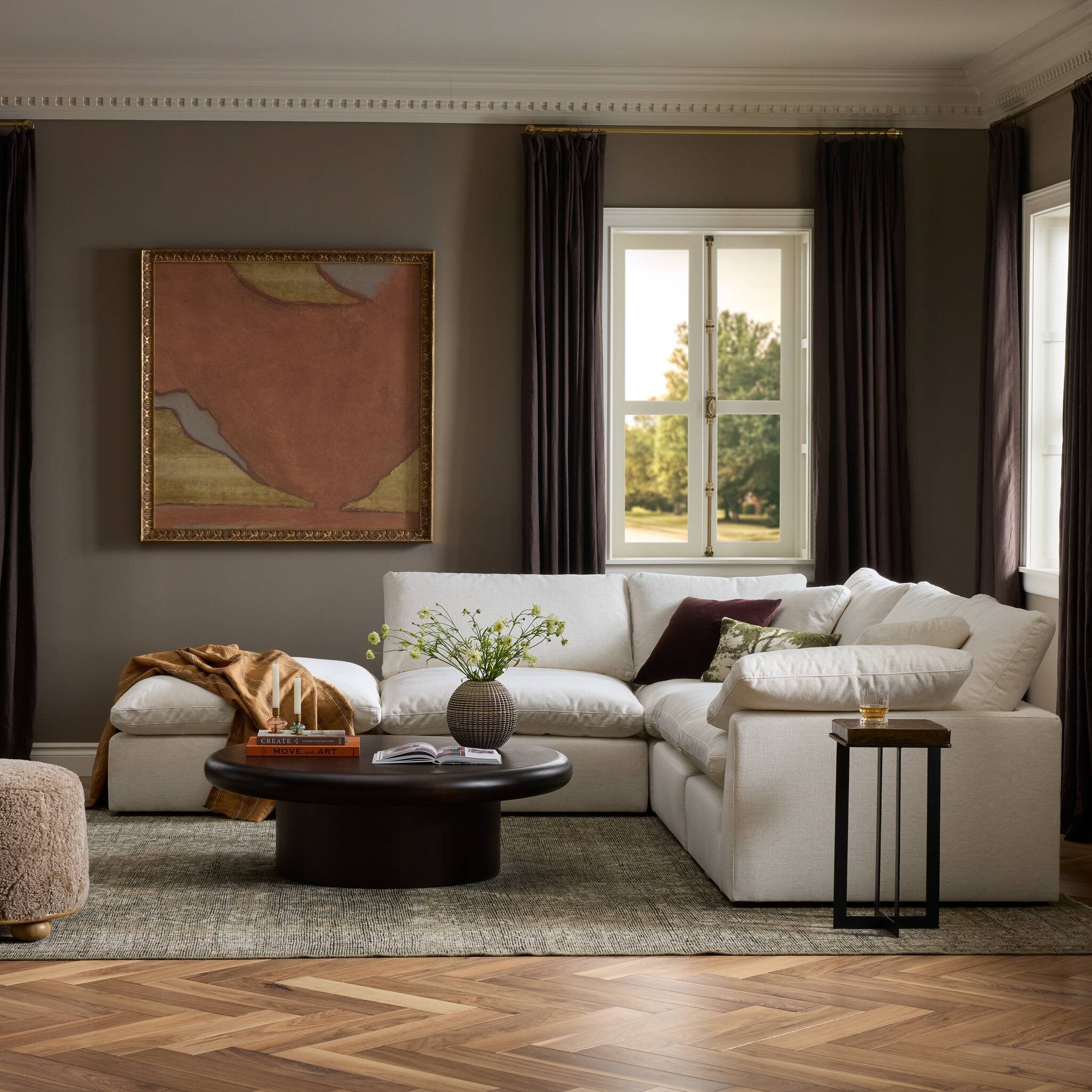Four Hands Stevie Crypton Nomad Snow 4 Piece Sectional Sofa w/Ottoman — in a styled room setting