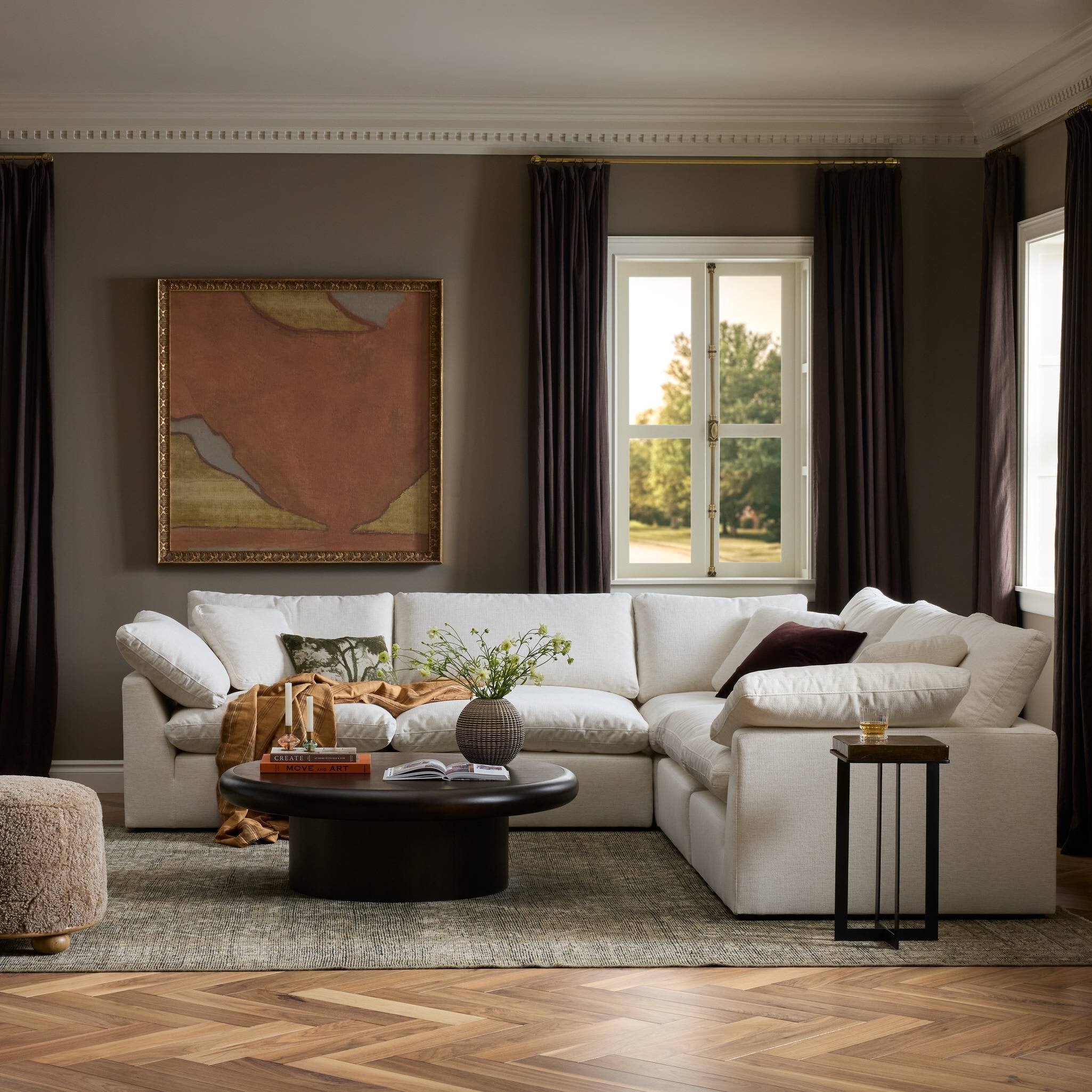Four Hands Stevie Crypton Nomad Snow 5 Piece Sectional Sofa — in a styled room setting