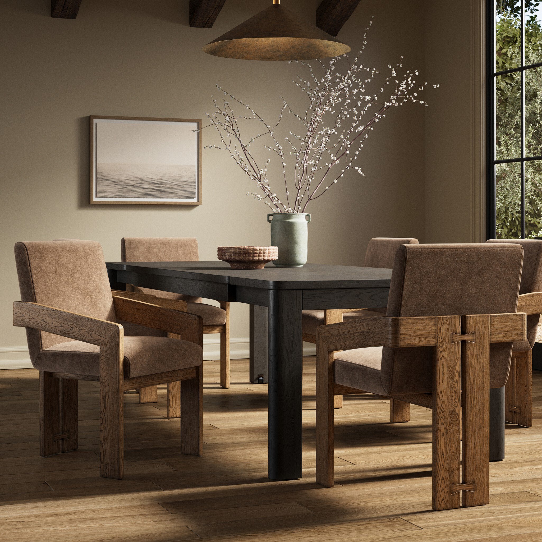 Four Hands Roxy Altair Mushroom Dining Armchair styled in a room setting