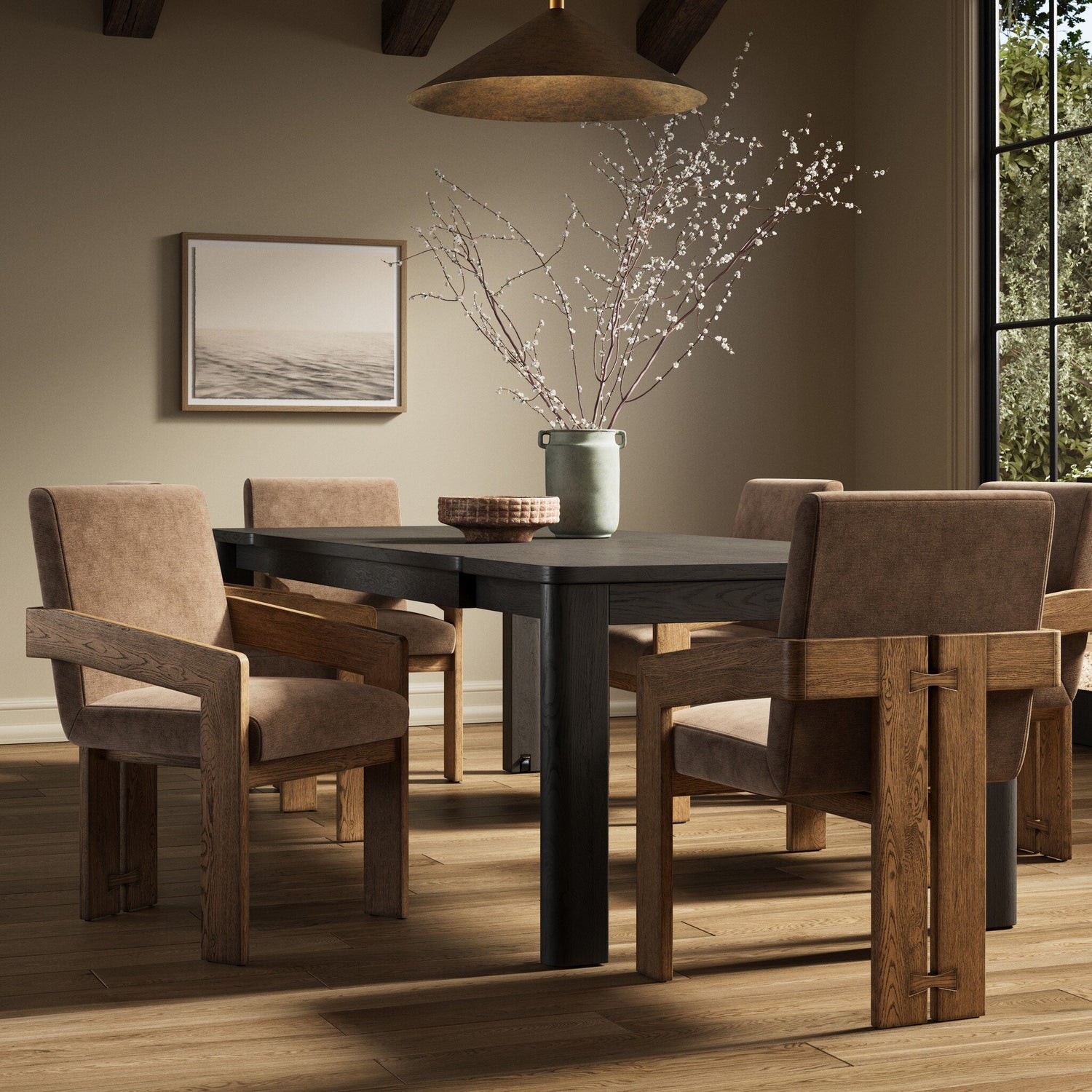 Four Hands Roxy Altair Mushroom Dining Armchair styled in a room setting