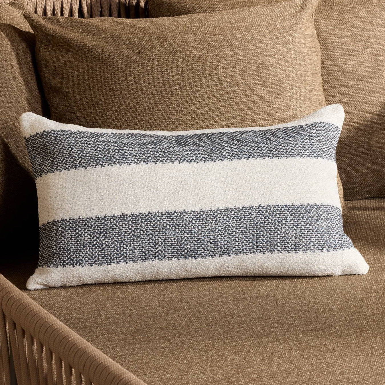 Four Hands Tarbett Stripe Tarbett Navy Outdoor Throw Pillow - styled room setting