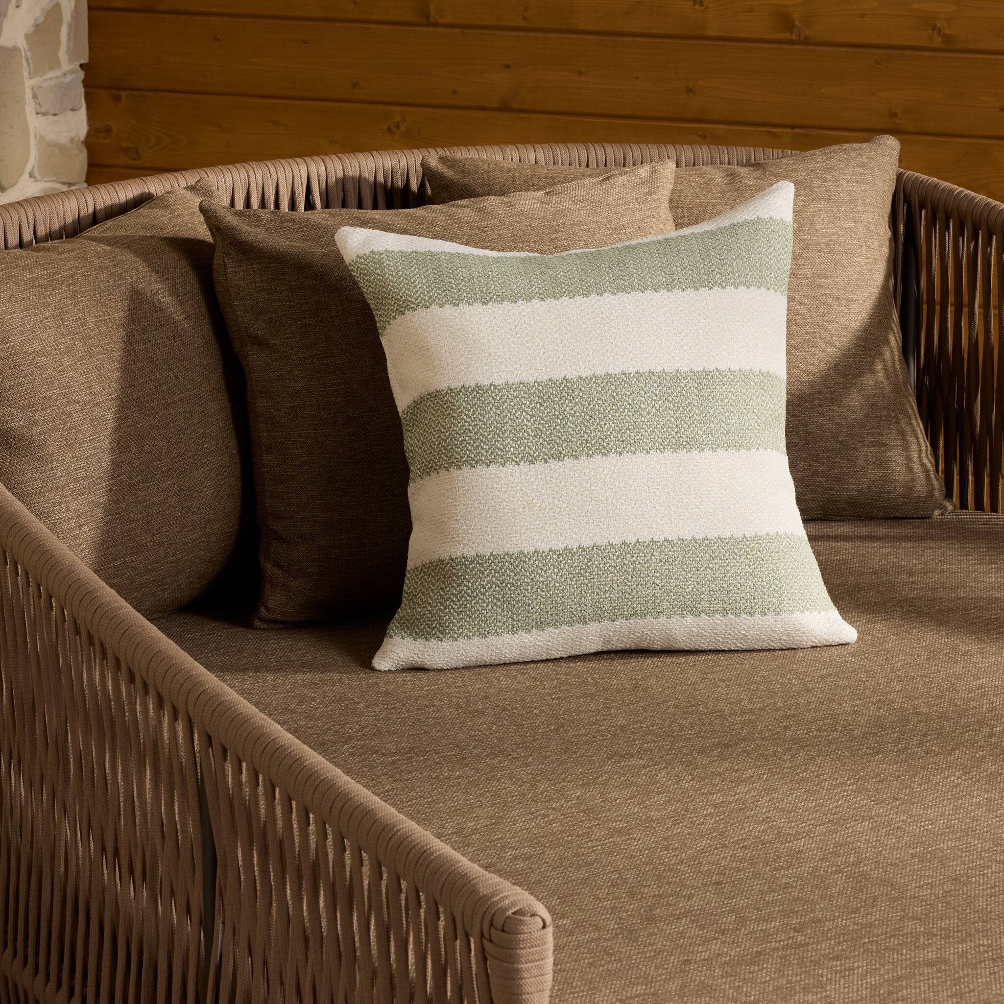 Four Hands Tarbett Stripe Tarbett Sage Outdoor Throw Pillow - styled room setting