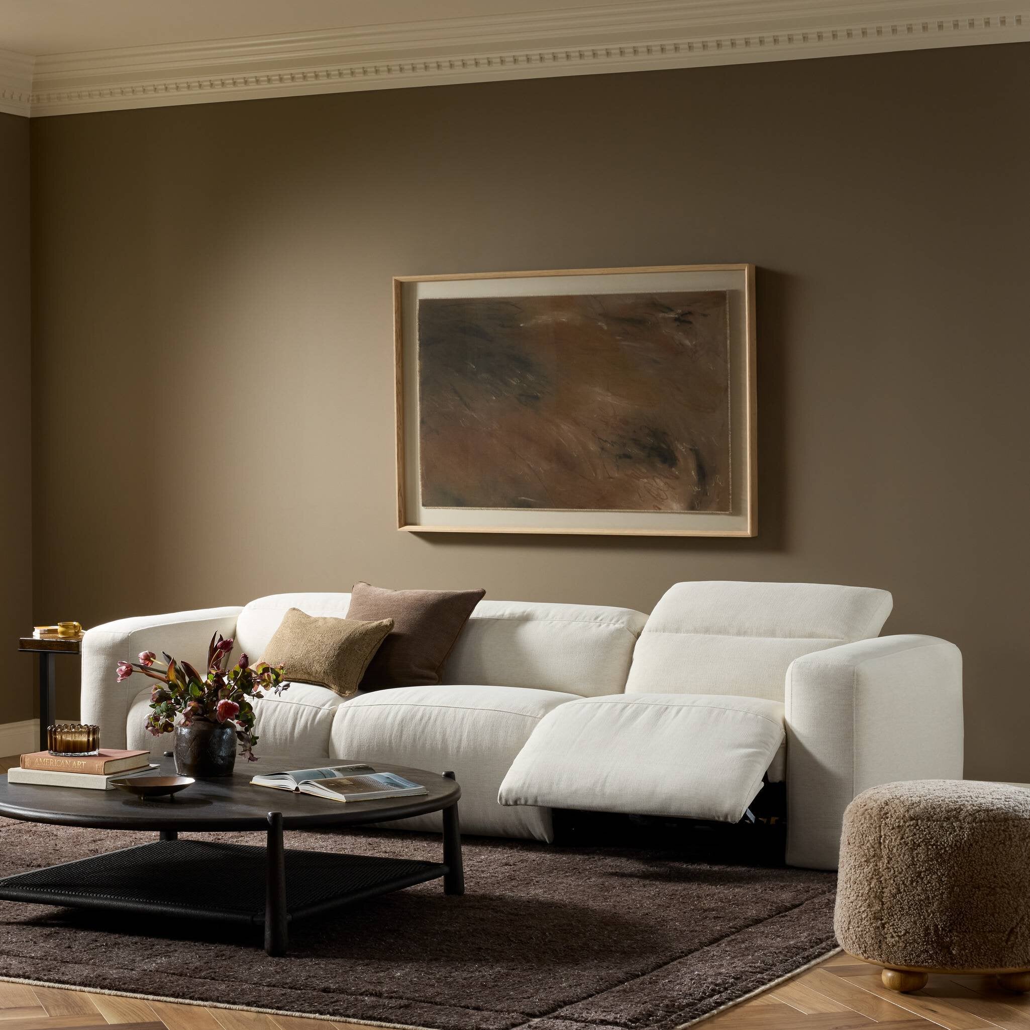 Four Hands Radley Crypton Nomad Snow Power Recliner 3 Piece Sectional Sofa in a styled room setting 2