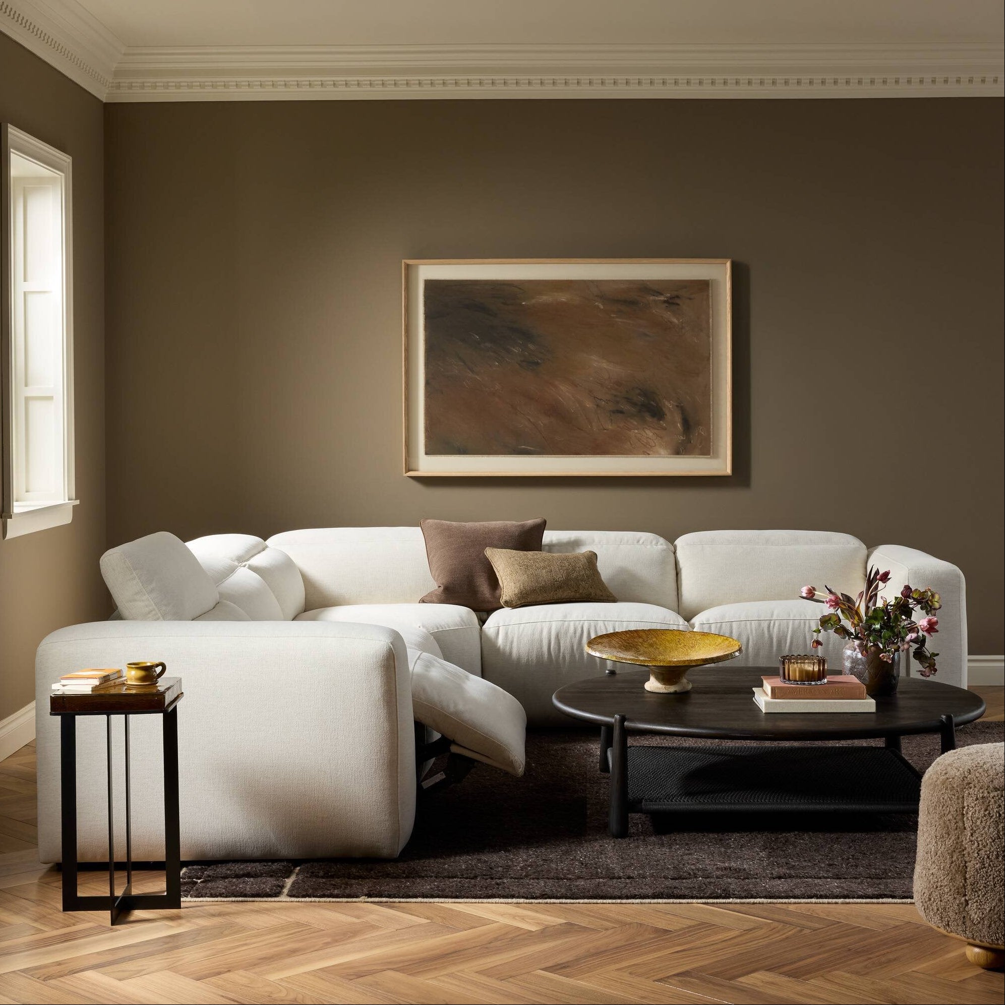 Four Hands Radley Crypton Nomad Snow Power Recliner 5 Piece Sectional Sofa in a styled room setting 2