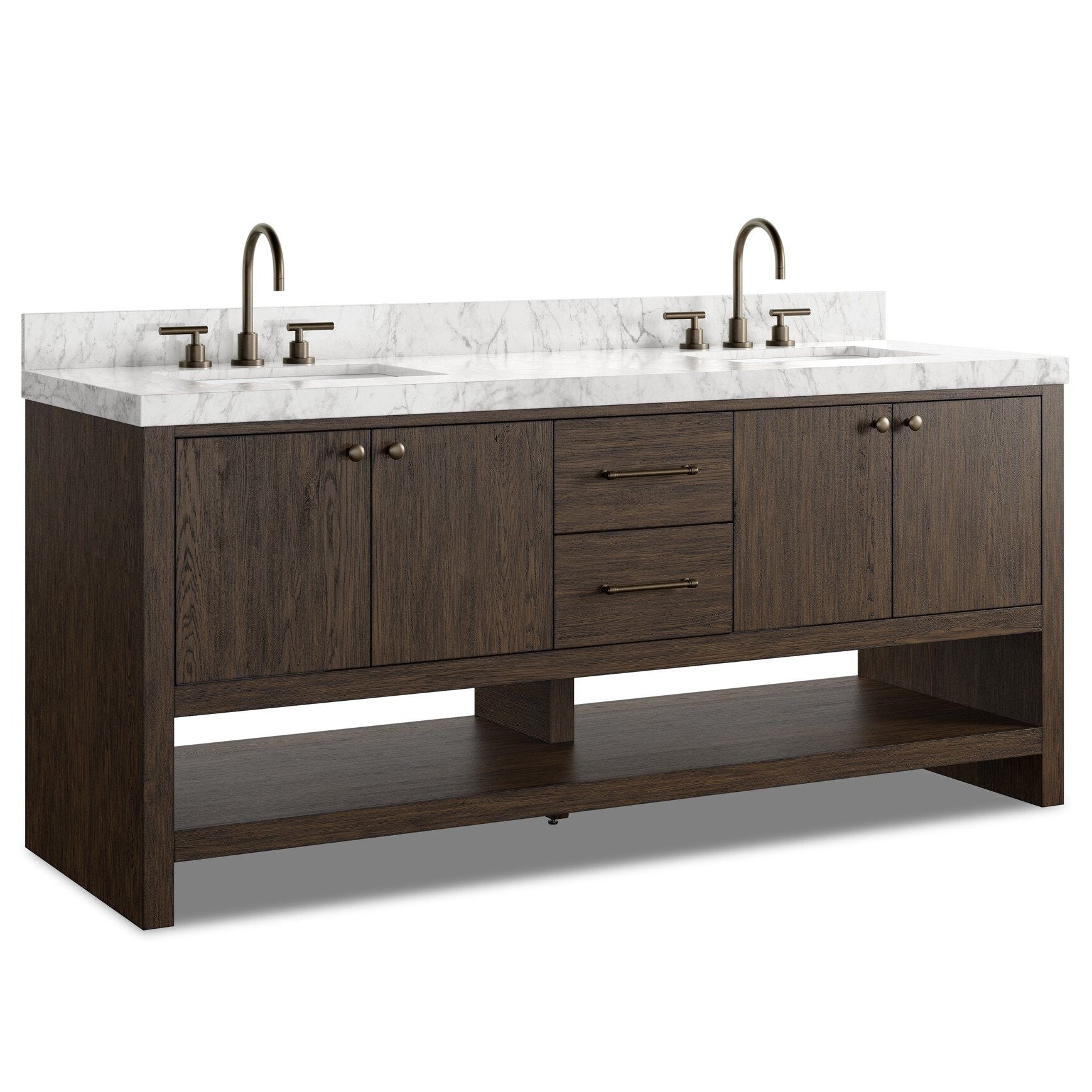 Four Hands Anthem Satin Espresso Oak Double Vanity styled view