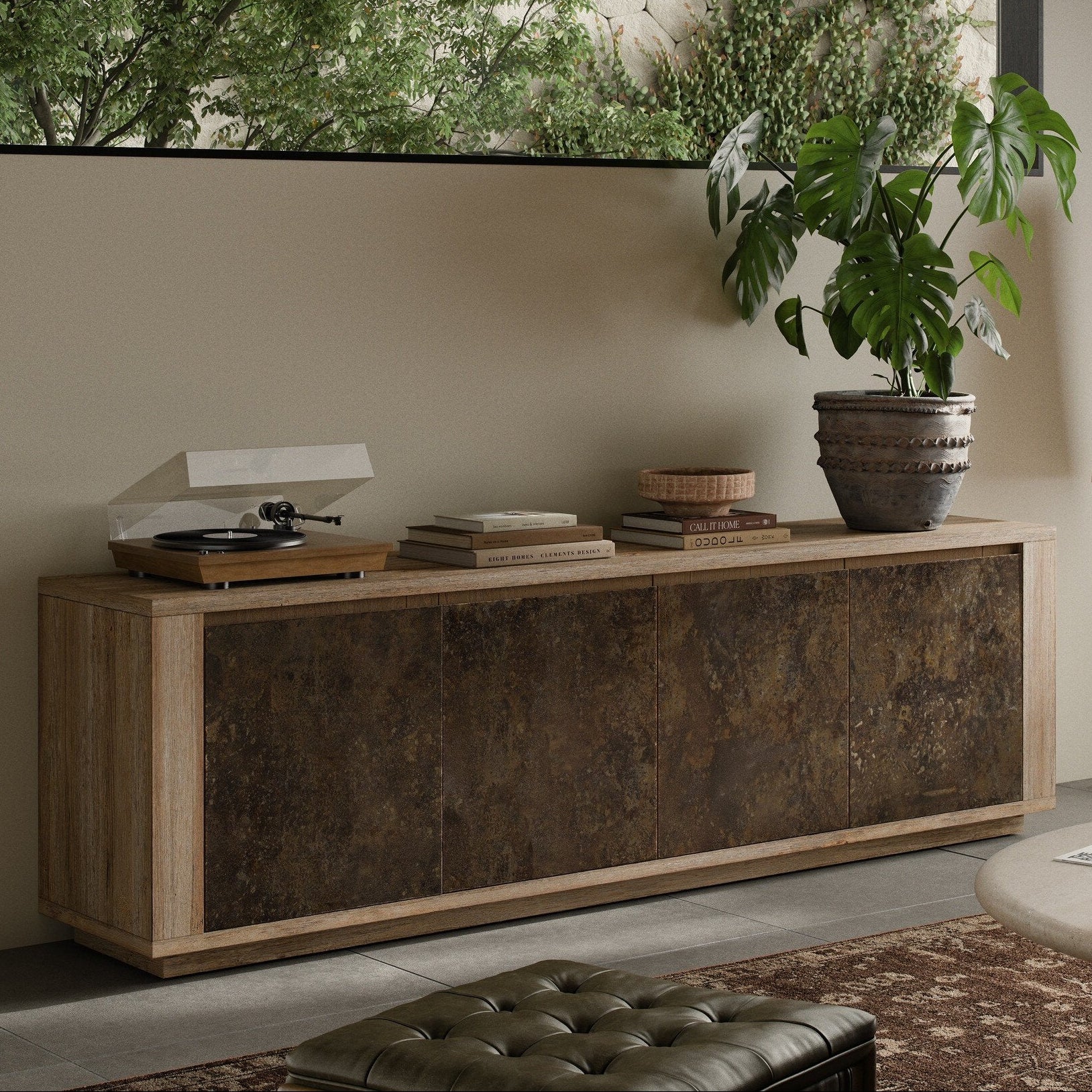 Four Hands Redondo Burnt Bleached Oak Resawn Media Console in a styled room setting