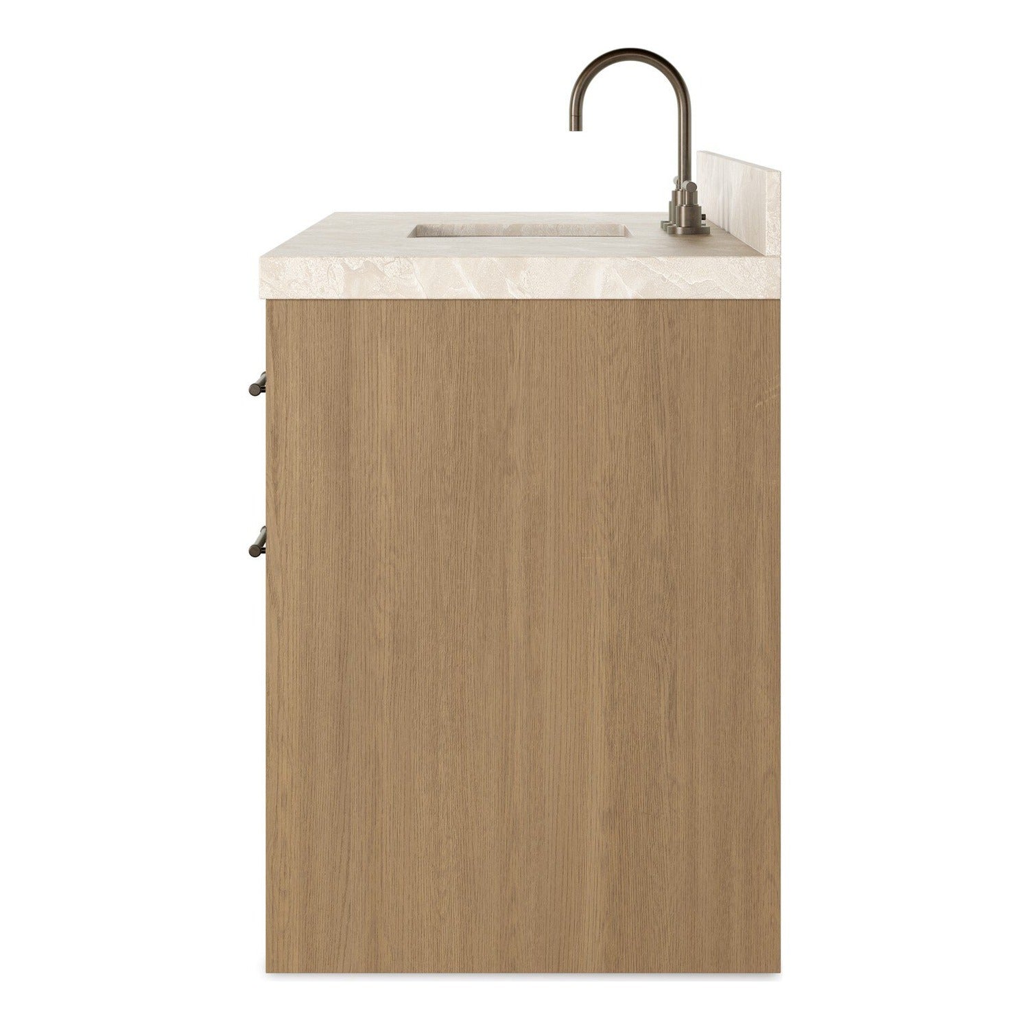 Four Hands Anthem Single Wide Vanity in satin light wash oak with Carrara marble top, side profile view