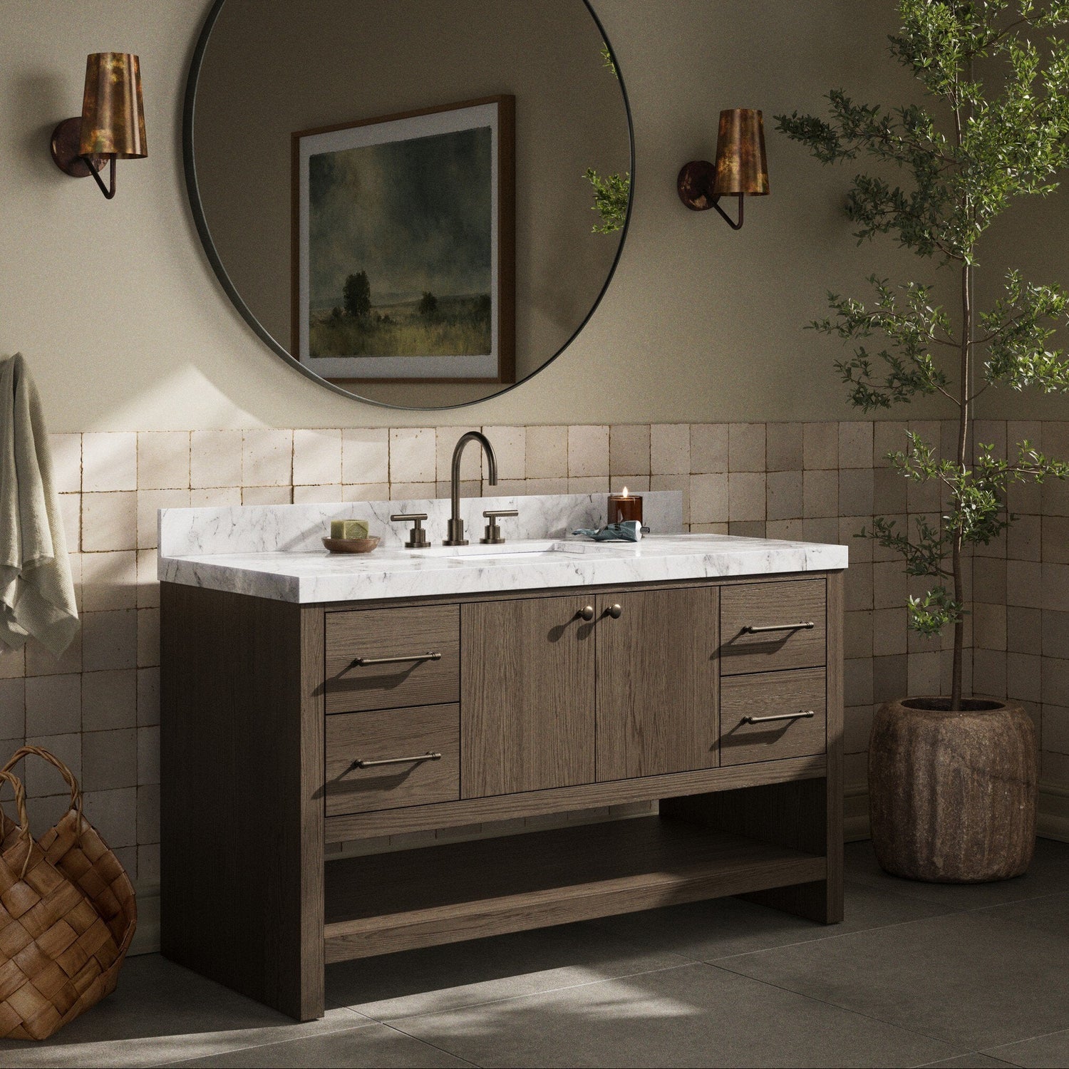 Four Hands Anthem Satin Espresso Oak Single Wide Vanity - styled room setting