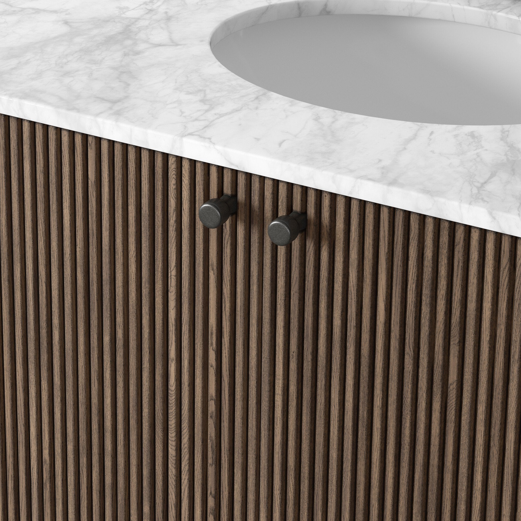 Four Hands Malden Single Vanity in satin espresso oak with Carrara marble top, close-up detail of reeded oak, view 3