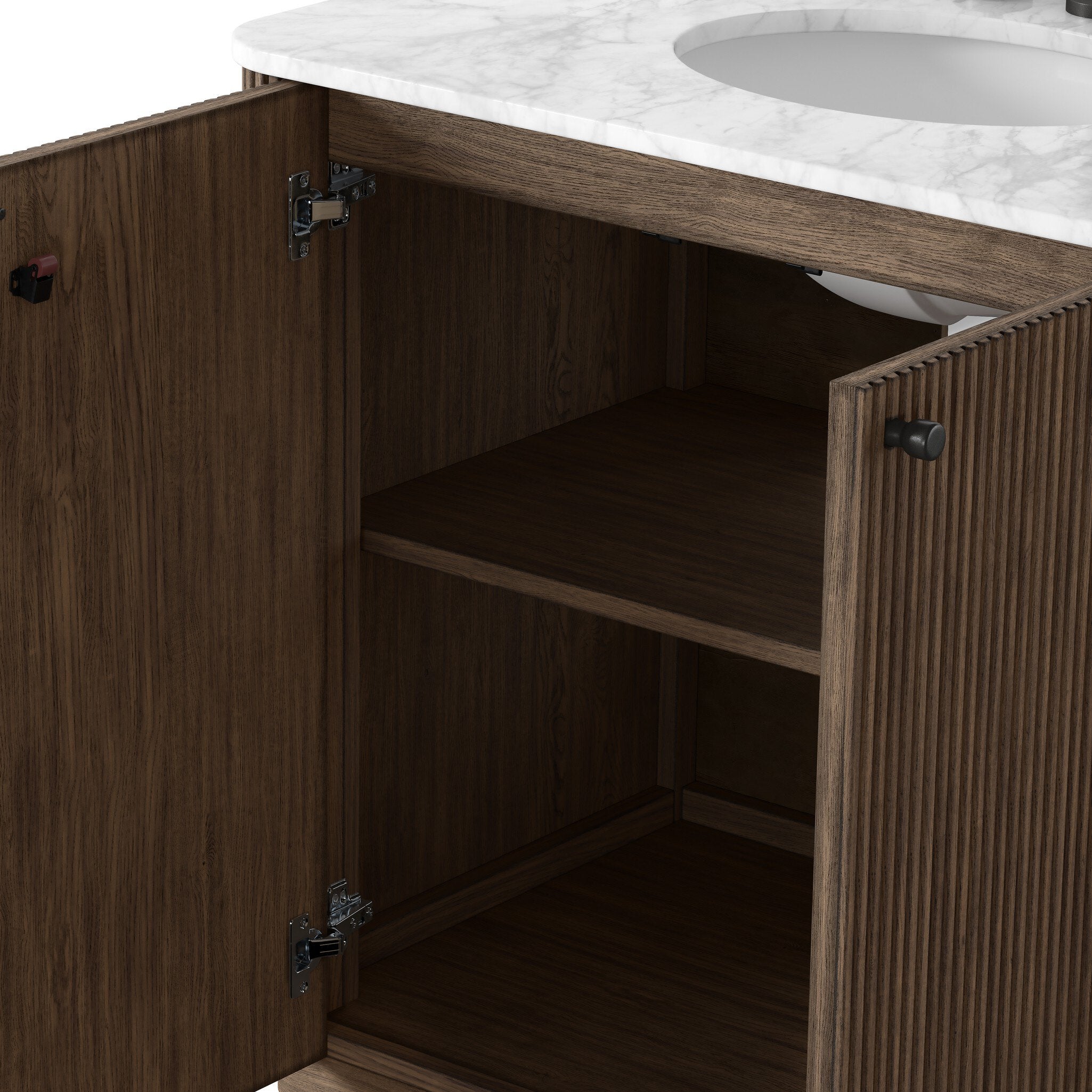 Four Hands Malden Single Vanity in satin espresso oak with Carrara marble top, close-up detail of tapered knob