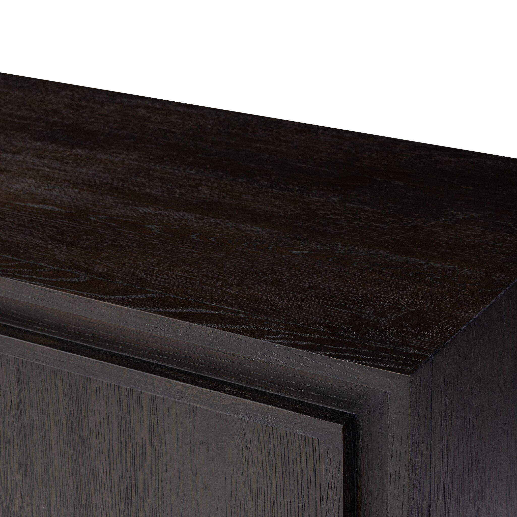 Four Hands Chalmers Smoked Black Resawn Oak Media Console finish close-up