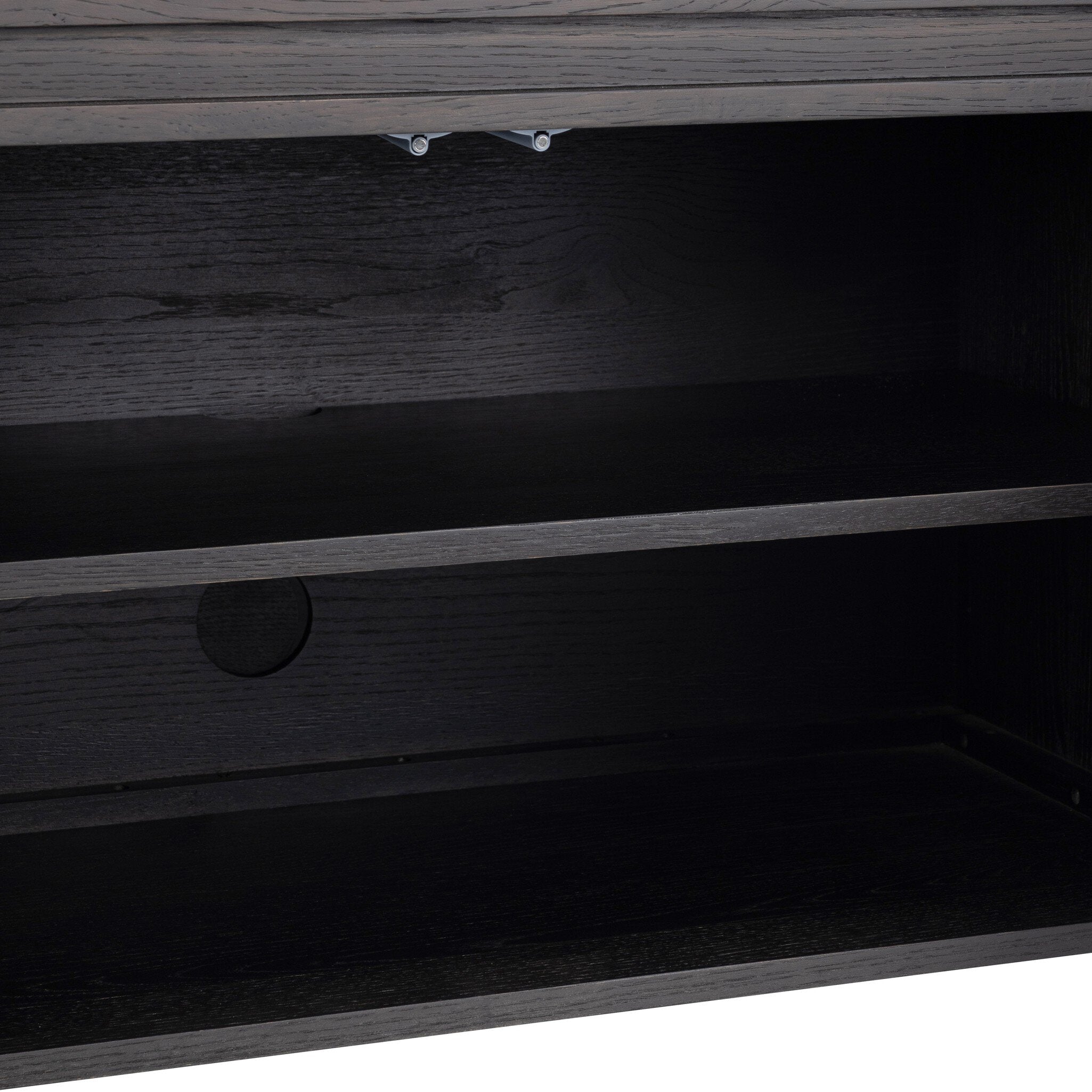 Four Hands Chalmers Smoked Black Resawn Oak Media Console craftsmanship close-up