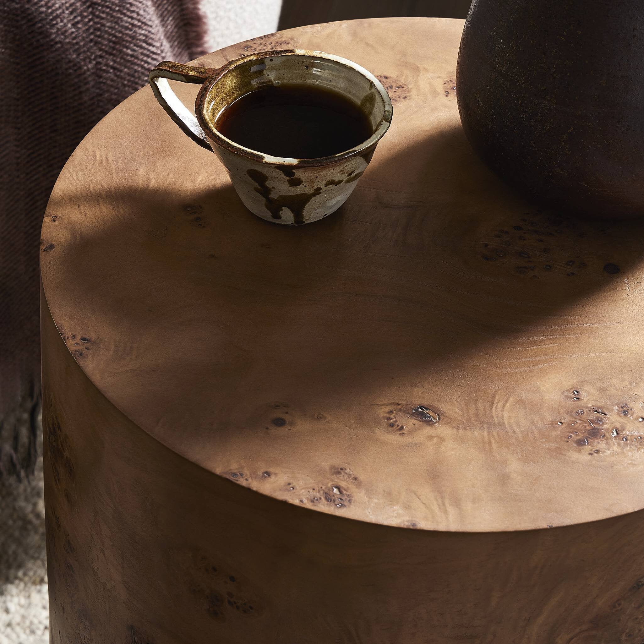 Four Hands Caya Caramel Burl End Table craftsmanship close-up
