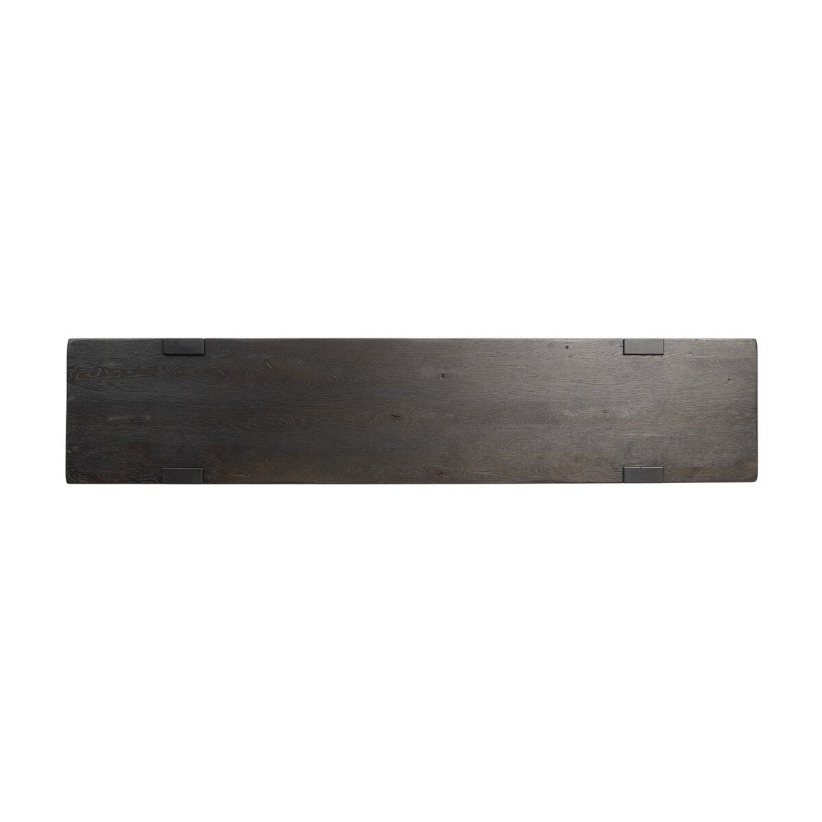 Four Hands Matei Console Table in smoked black solid oak with through-tenon joints, top surface view