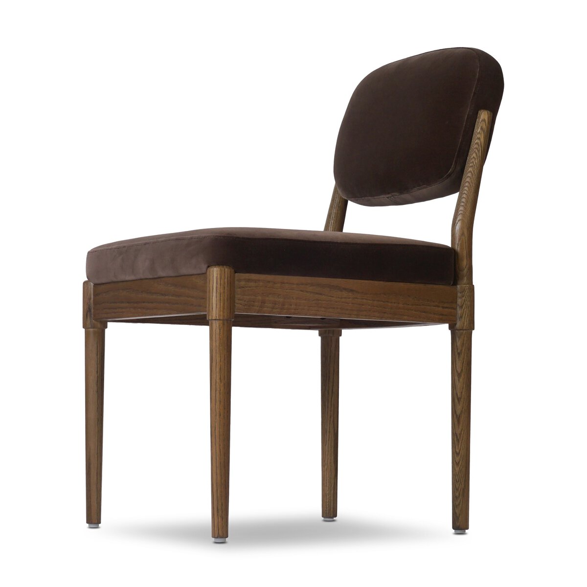 Four Hands Esther Surrey Mink Dining Chair Set of 2 on warm oak, close-up detail of velvet seat, view 1