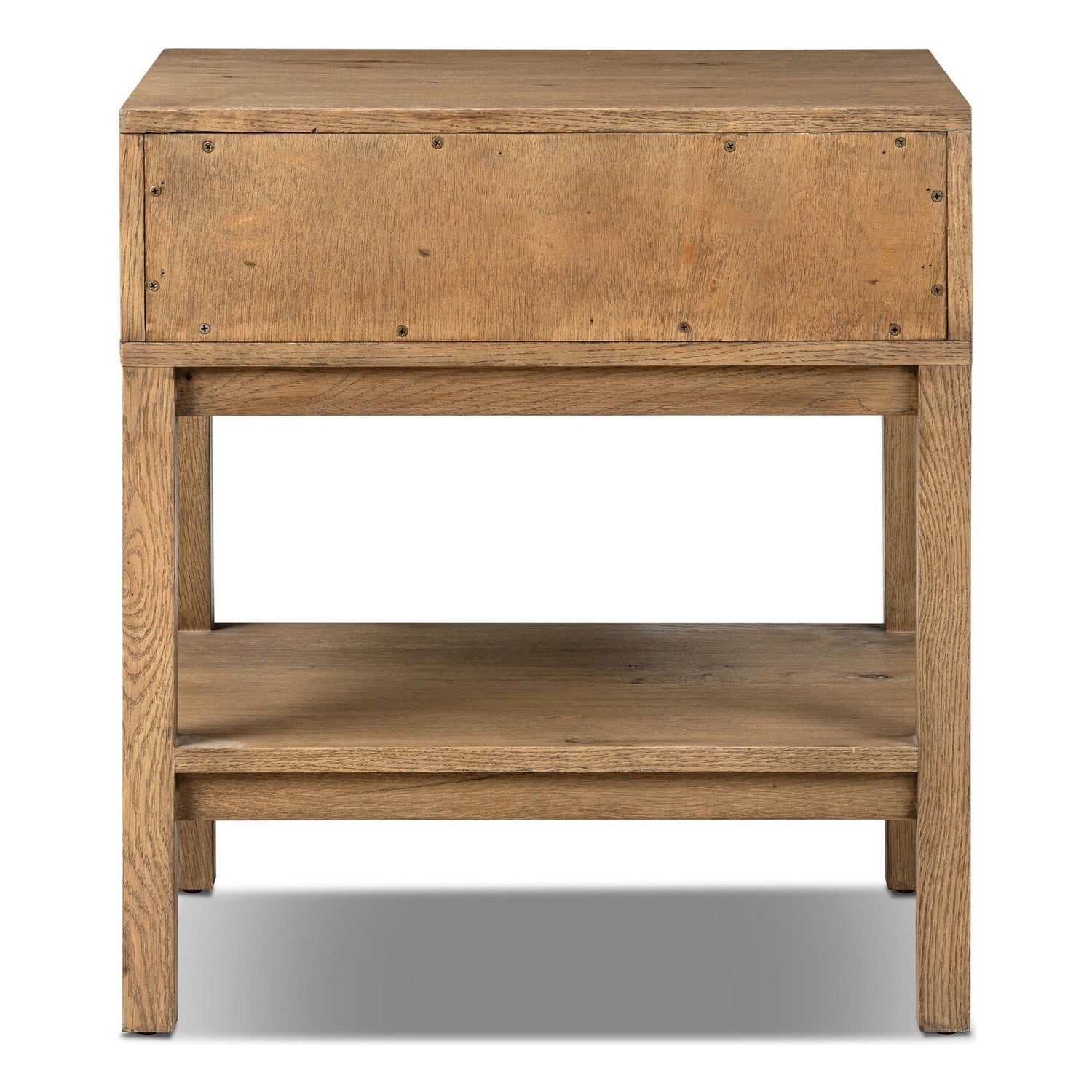 Four Hands Tula Worn Oak Nightstand Set of 2 with leather pull and open shelf, back view