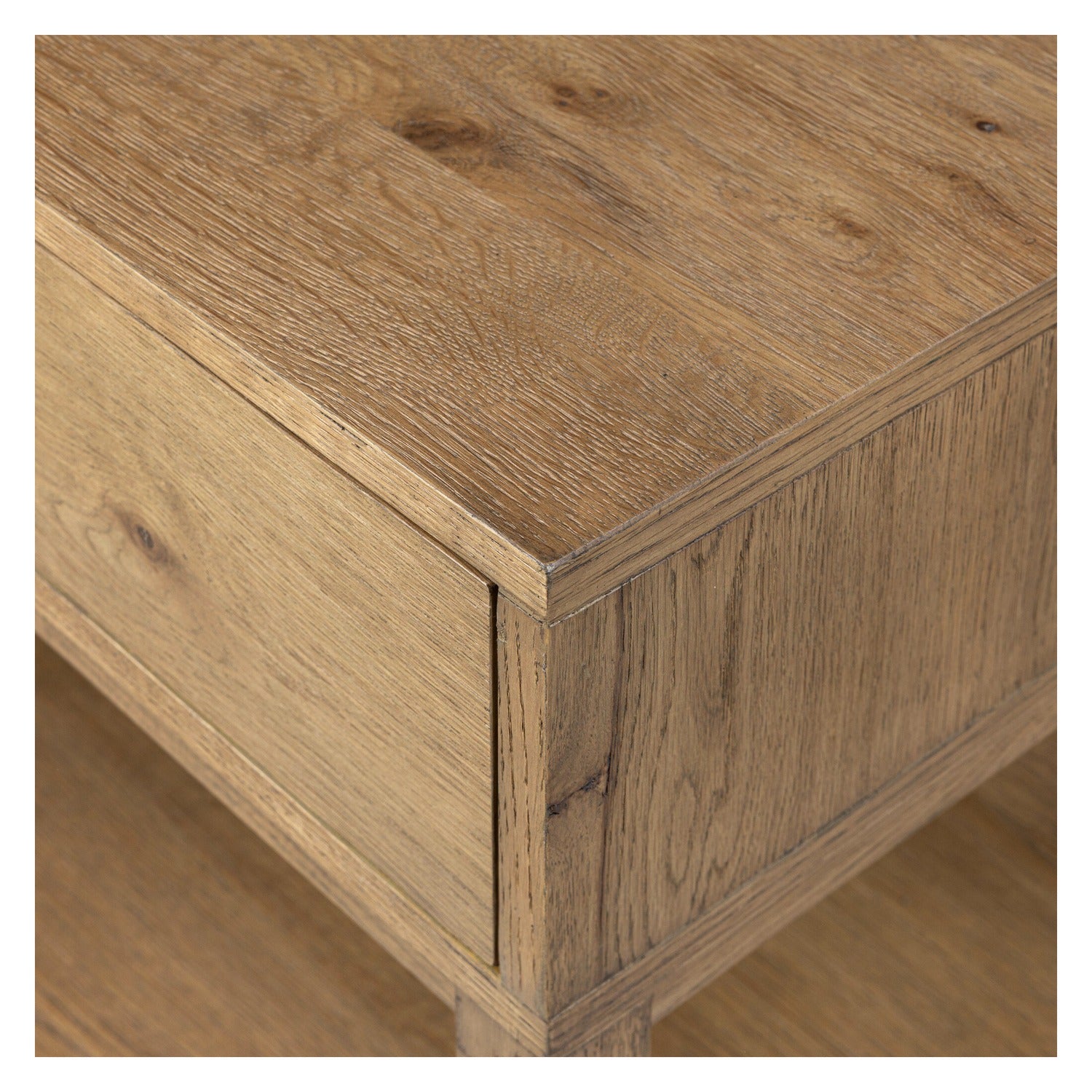 Four Hands Tula Worn Oak Nightstand Set of 2 with leather pull and open shelf, close-up detail of oak veneer, view 2