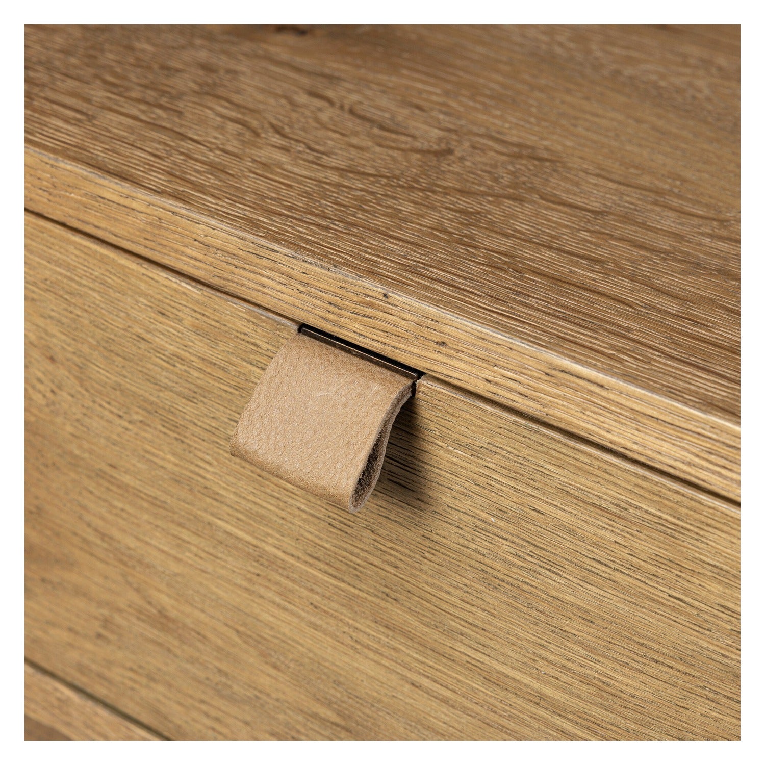 Four Hands Tula Worn Oak Nightstand Set of 2 with leather pull and open shelf, close-up detail of oak veneer, view 4