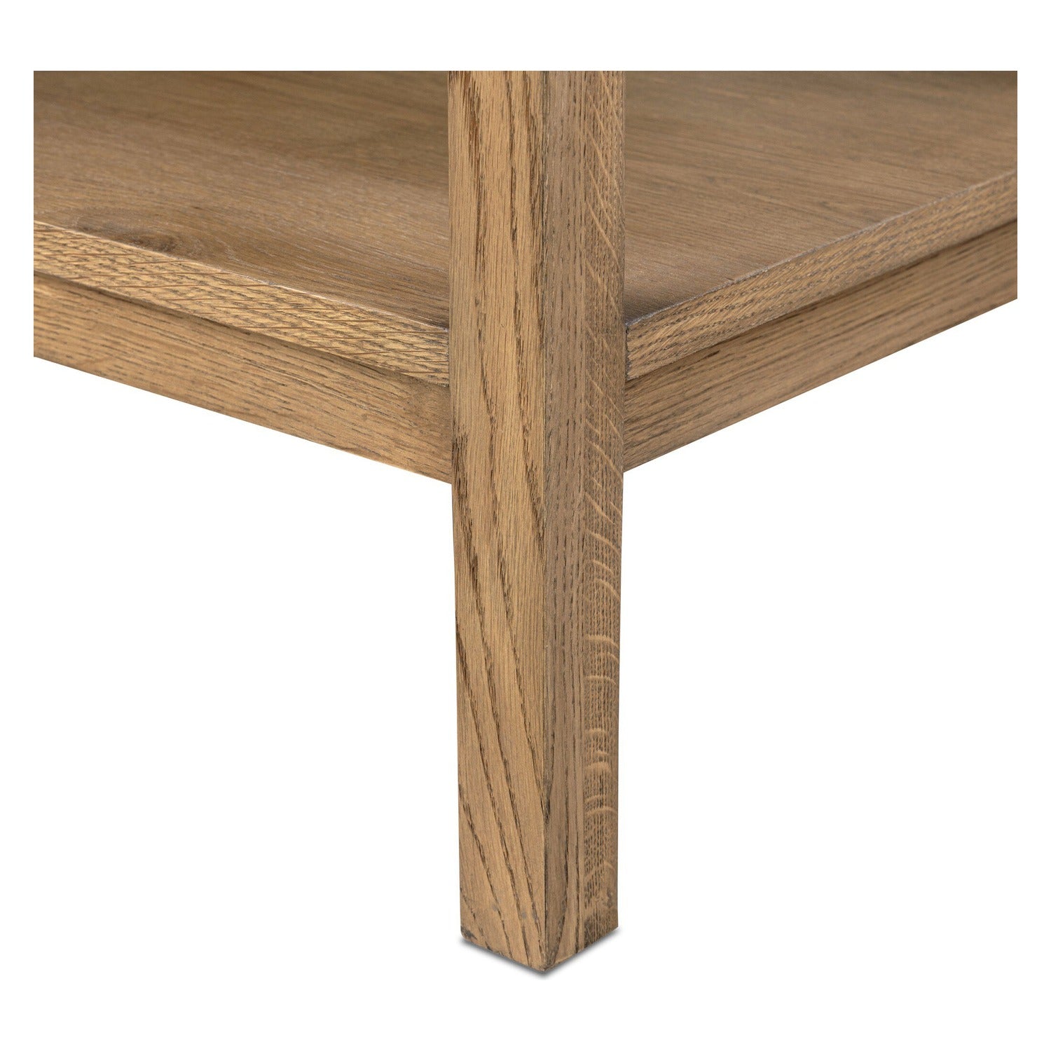 Four Hands Tula Worn Oak Nightstand Set of 2 with leather pull and open shelf, close-up detail of leather pull, view 2