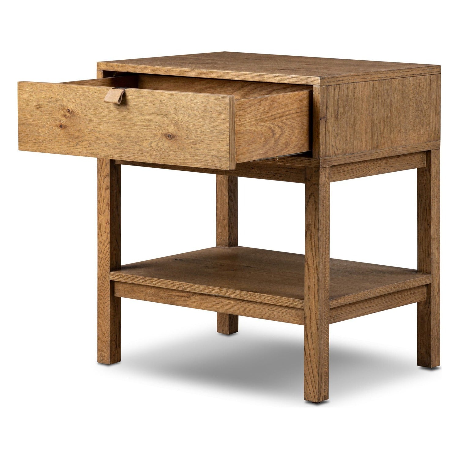 Four Hands Tula Worn Oak Nightstand Set of 2 with leather pull and open shelf, drawer open view