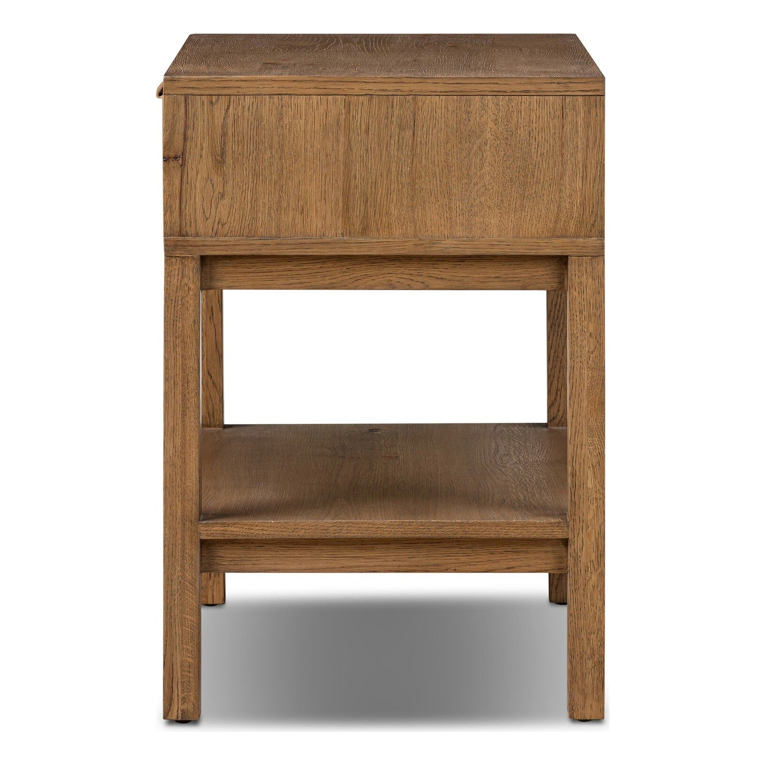 Four Hands Tula Worn Oak Nightstand Set of 2 with leather pull and open shelf, side profile view