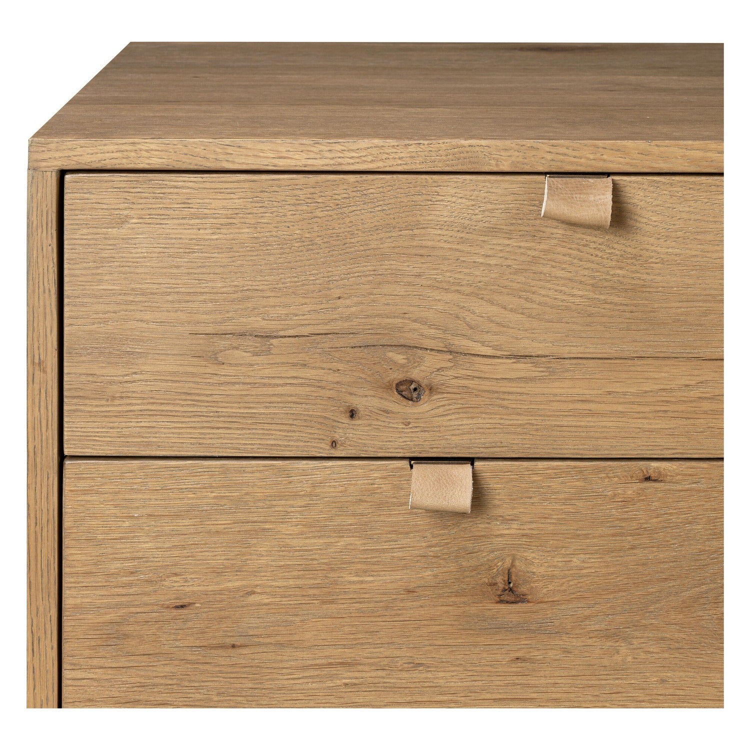 Four Hands Tula Worn Oak 7 Drawer Dresser with leather pulls, close-up detail of oak veneer, view 2