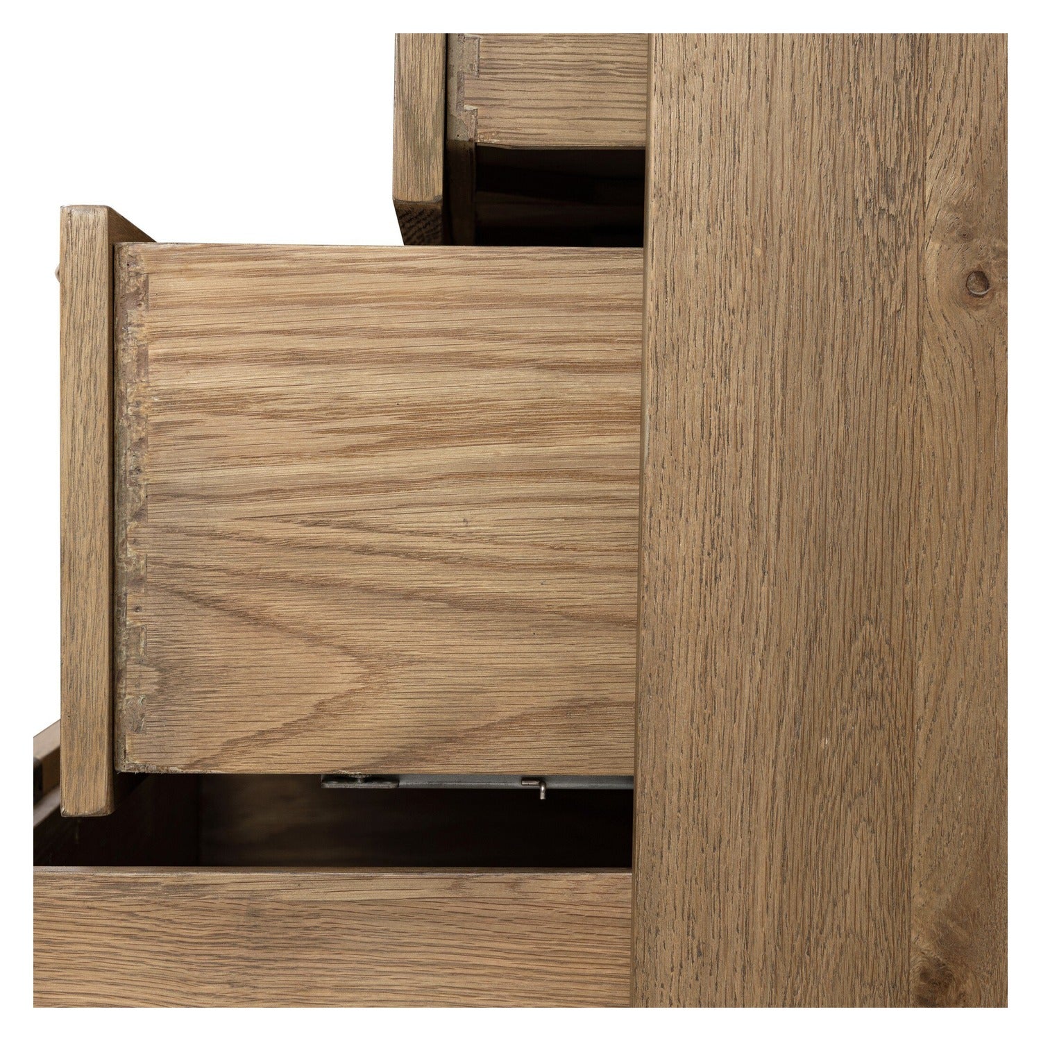 Four Hands Tula Worn Oak 7 Drawer Dresser with leather pulls, close-up detail of oak veneer, view 4