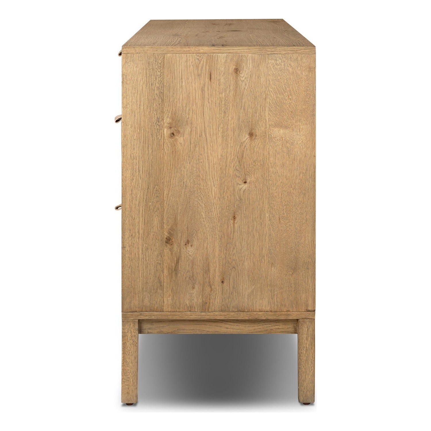 Four Hands Tula Worn Oak 7 Drawer Dresser with leather pulls, side profile view