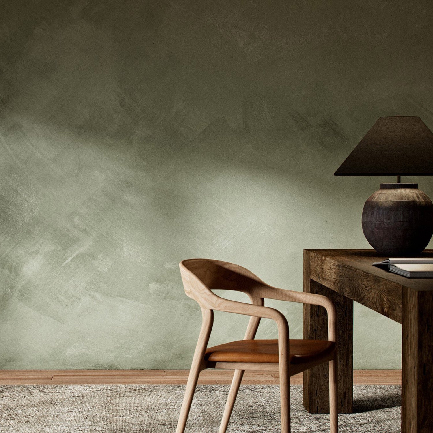 FH Art Studio Limewash Mural Olive Wallpaper