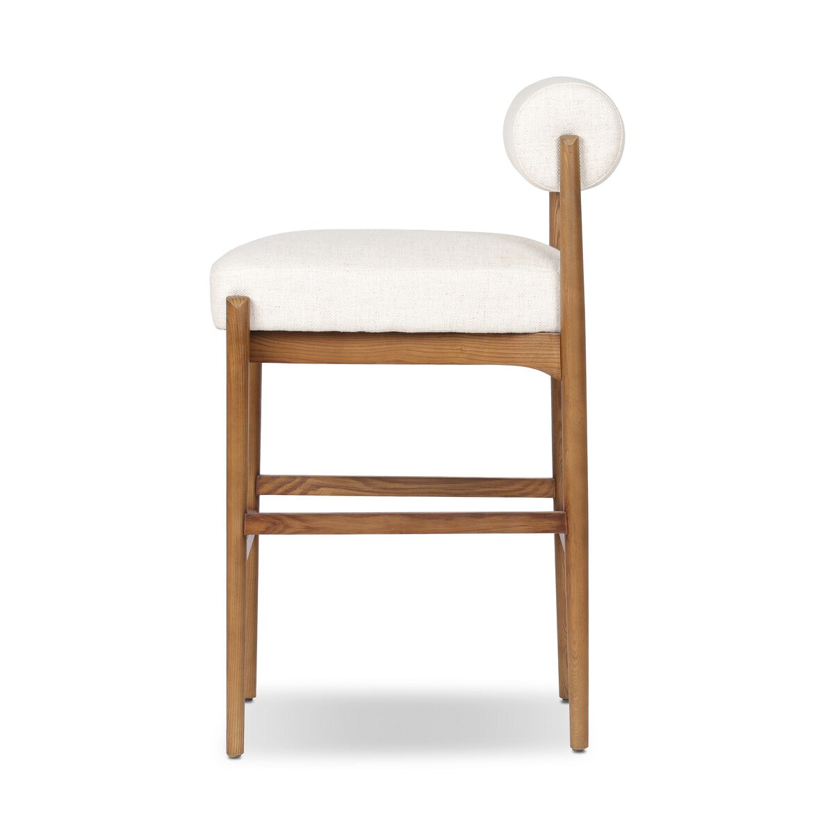 Four Hands Jazelle Dover Crescent Bar Stool Set of 2 on tan ash, side profile view
