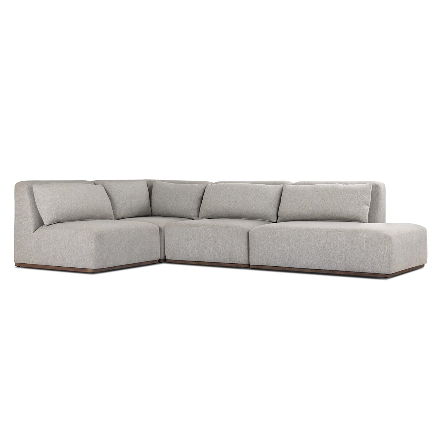 Four Hands Adler Outdoor 4 Piece Sectional in FSC teak with fog cushions, primary product view, left chaise