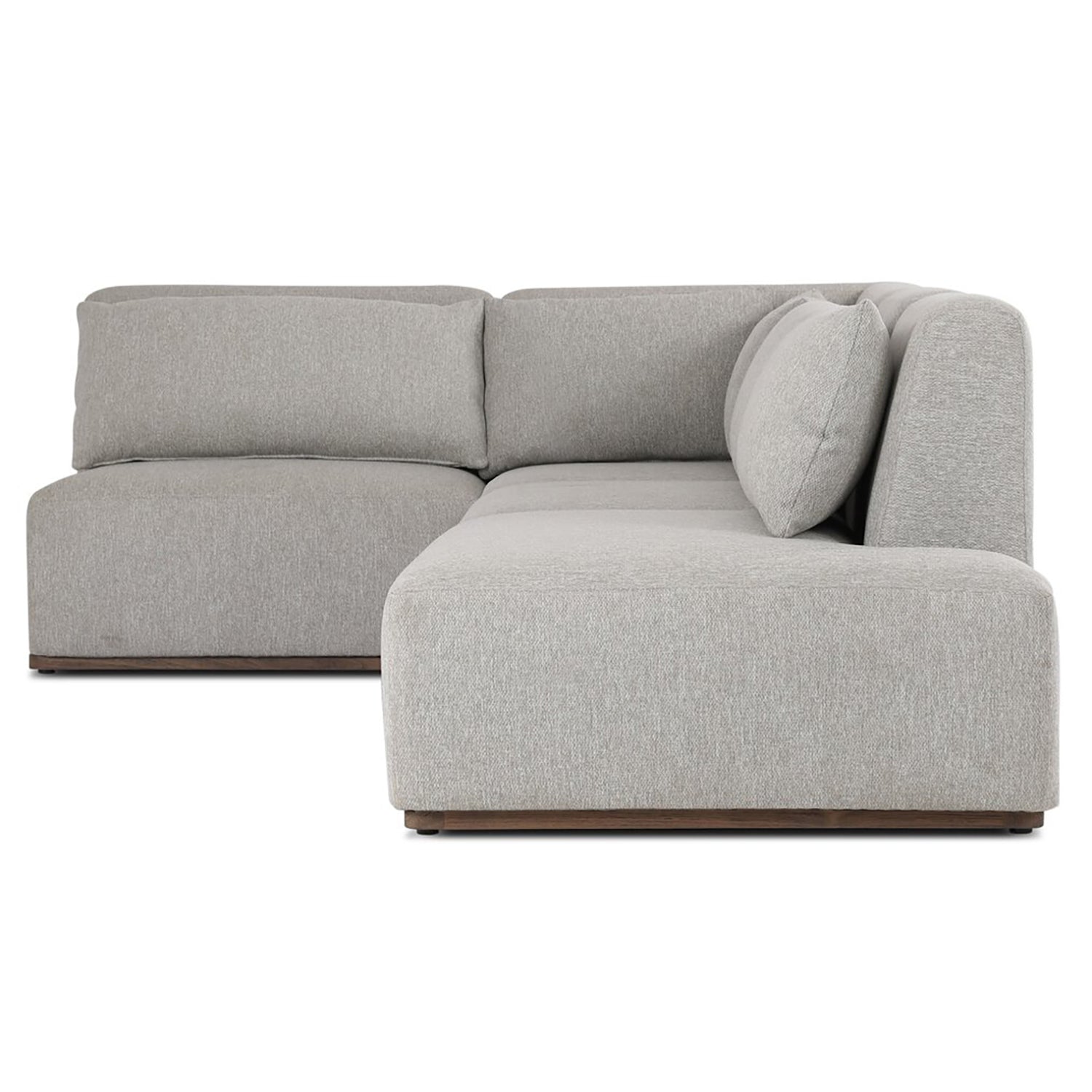 Four Hands Adler Outdoor 4 Piece Sectional in FSC teak with fog cushions, side profile view, left chaise