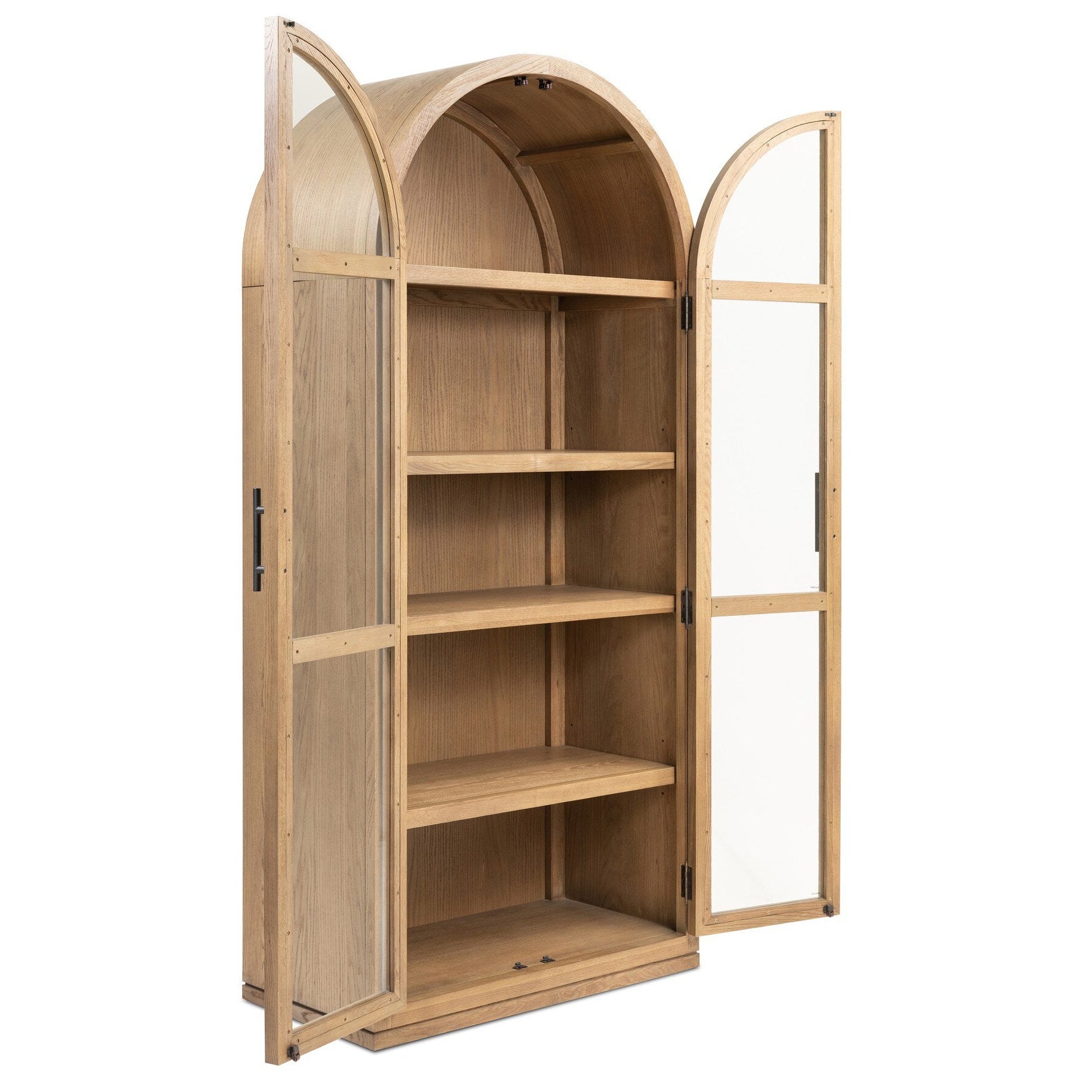 Four Hands Hepburn Drifted Smoked Oak Cabinet shown with doors open