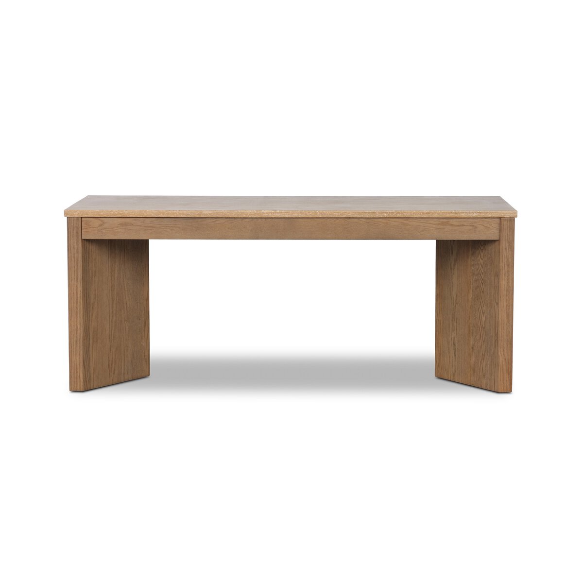 Four Hands Lawson Desk in amber oak veneer with golden travertine top, back view