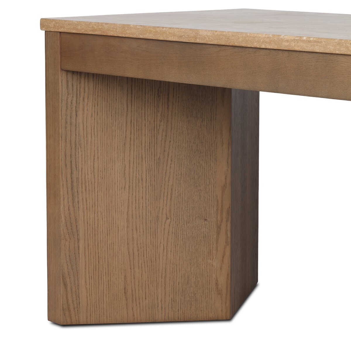 Four Hands Lawson Desk in amber oak veneer with golden travertine top, close-up detail of travertine, view 2
