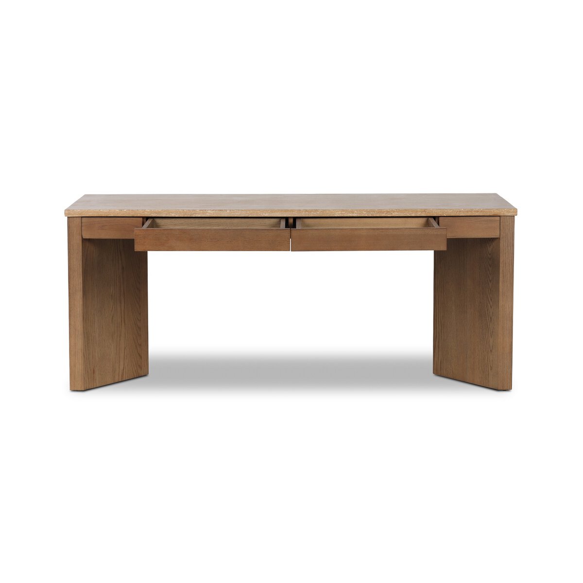 Four Hands Lawson Desk in amber oak veneer with golden travertine top, alternate open view