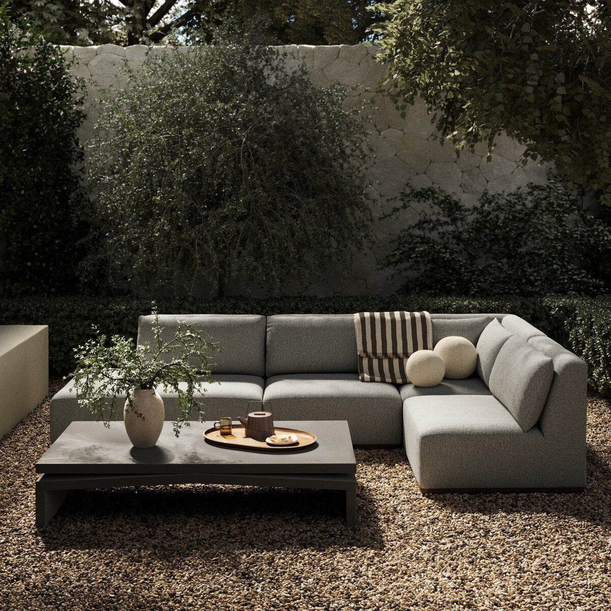 Four Hands Adler Outdoor 4 Piece Sectional in FSC teak with fog cushions, full sectional alternate view