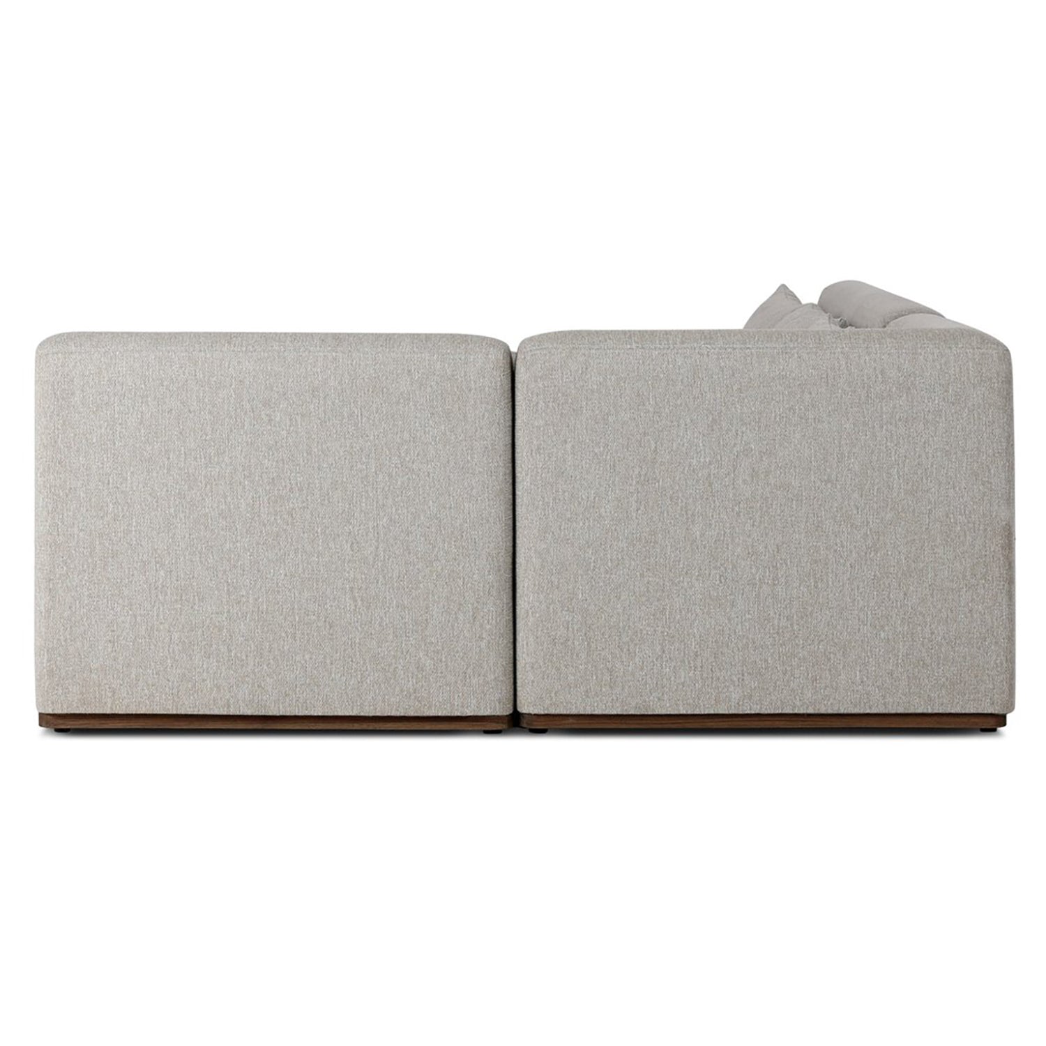 Four Hands Adler Outdoor 4 Piece Sectional in FSC teak with fog cushions, side profile view