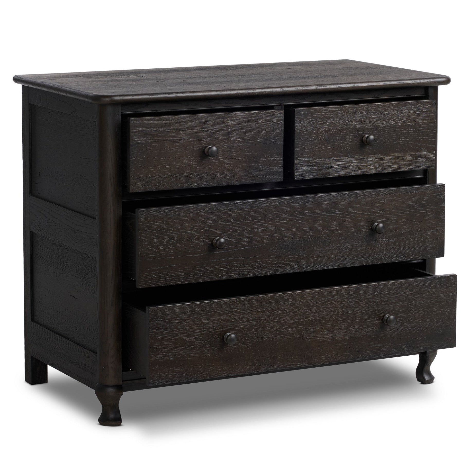 Four Hands Pika Smoked Black Oak Chest shown with drawers open
